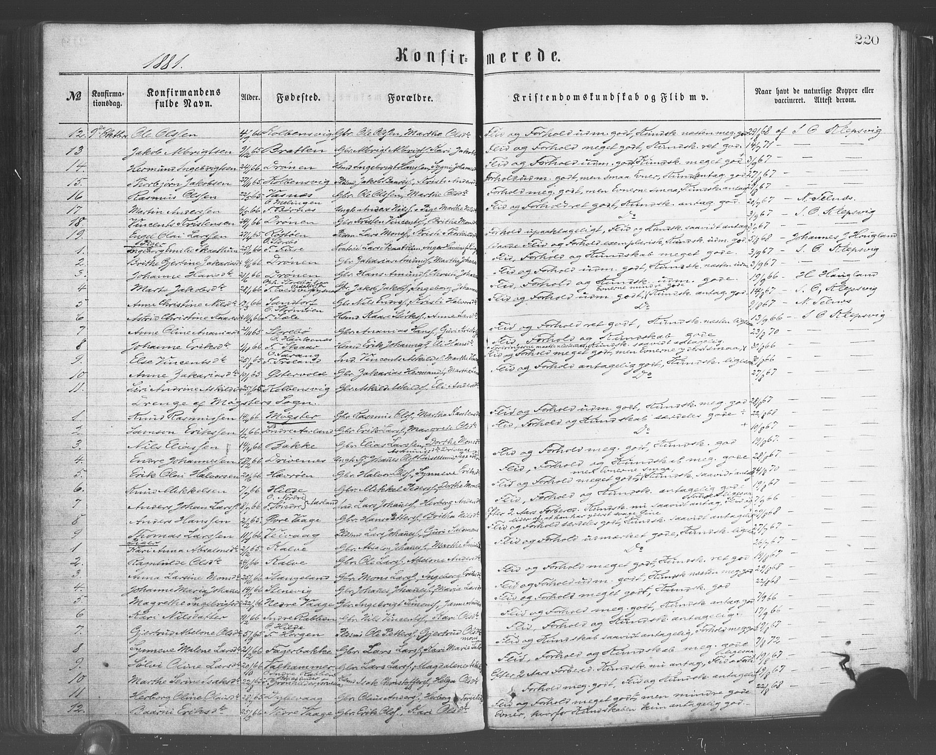 Sund sokneprestembete, AV/SAB-A-99930: Parish register (official) no. A 15, 1867-1881, p. 220