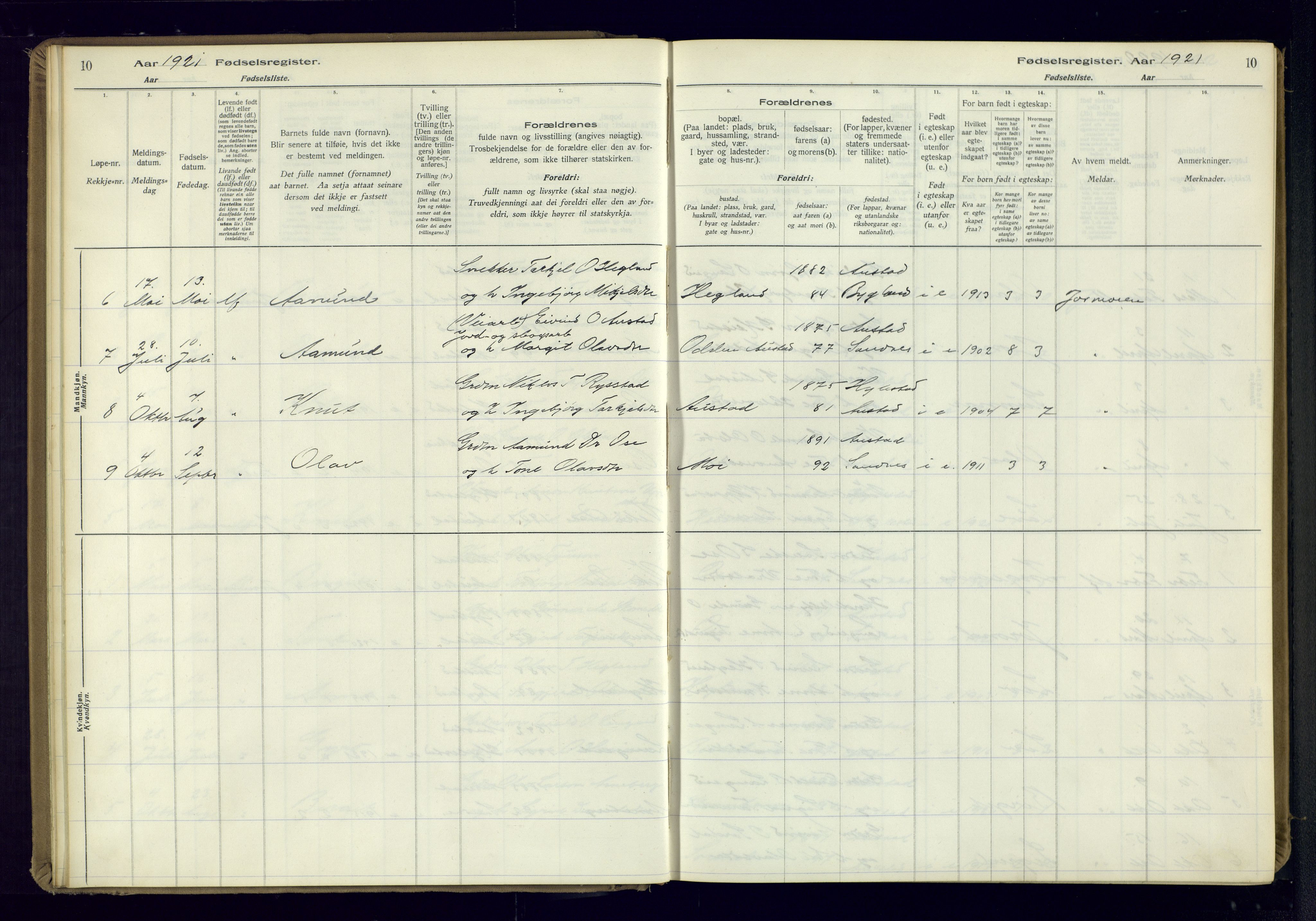 Bygland sokneprestkontor, SAK/1111-0006/J/Ja/L0002: Birth register no. II.4.3, 1916-1982, p. 10