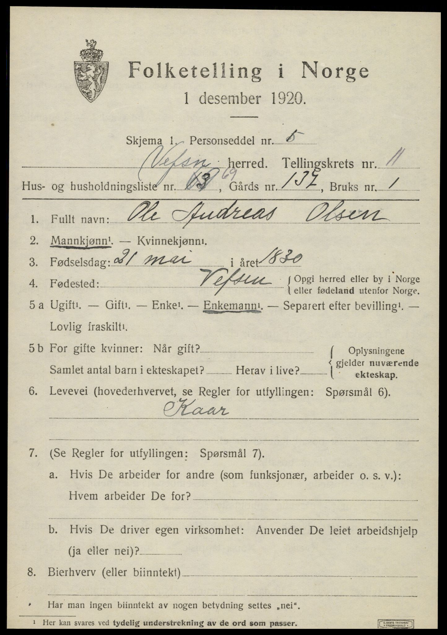SAT, 1920 census for Vefsn, 1920, p. 9307