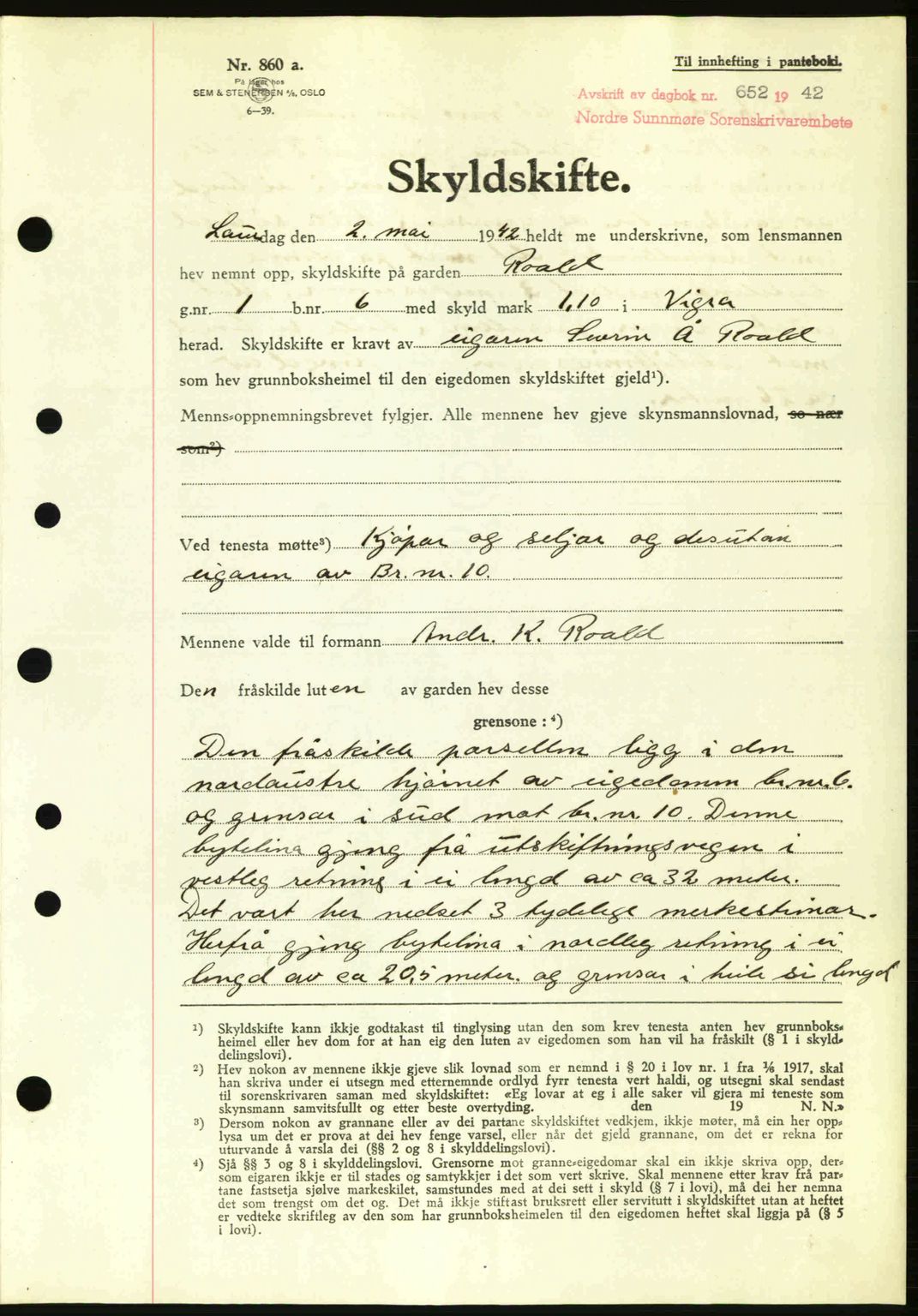 Nordre Sunnmøre sorenskriveri, AV/SAT-A-0006/1/2/2C/2Ca: Mortgage book no. A13, 1942-1942, Diary no: : 652/1942