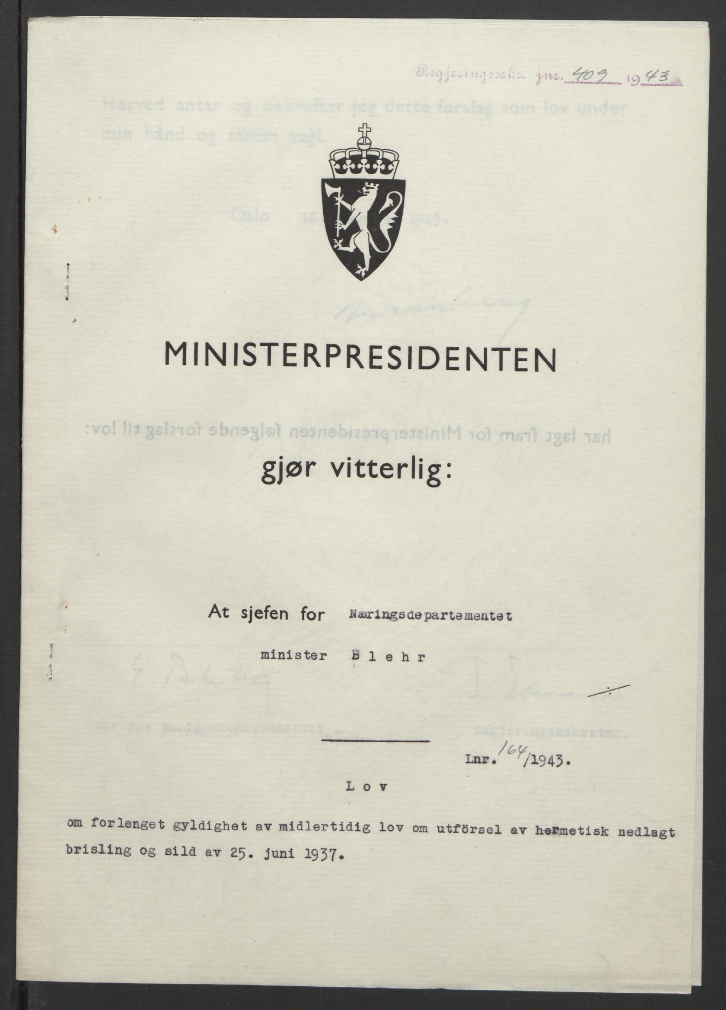 NS-administrasjonen 1940-1945 (Statsrådsekretariatet, de kommisariske statsråder mm), RA/S-4279/D/Db/L0099: Lover, 1943, p. 775