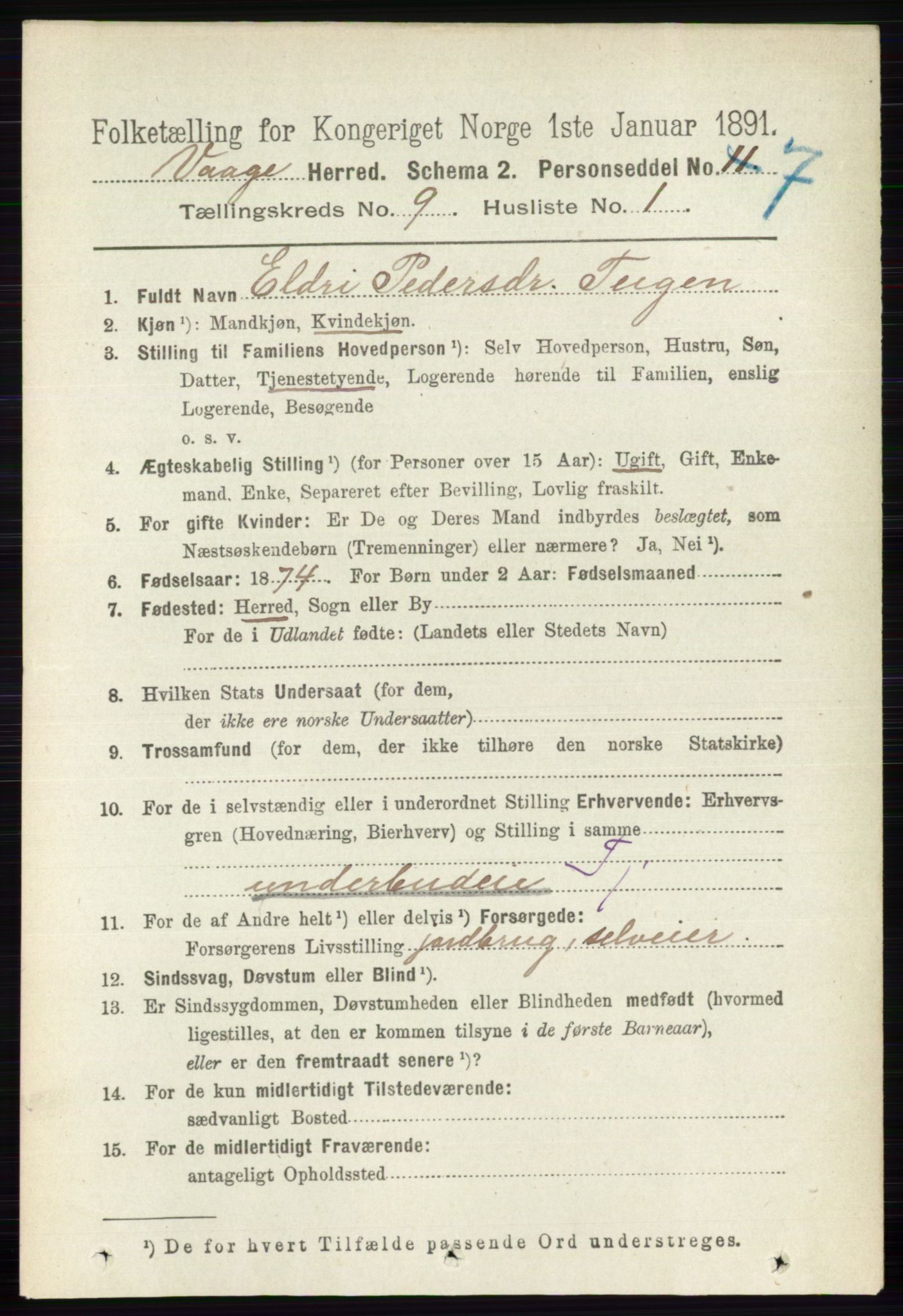 RA, 1891 census for 0515 Vågå, 1891, p. 5489