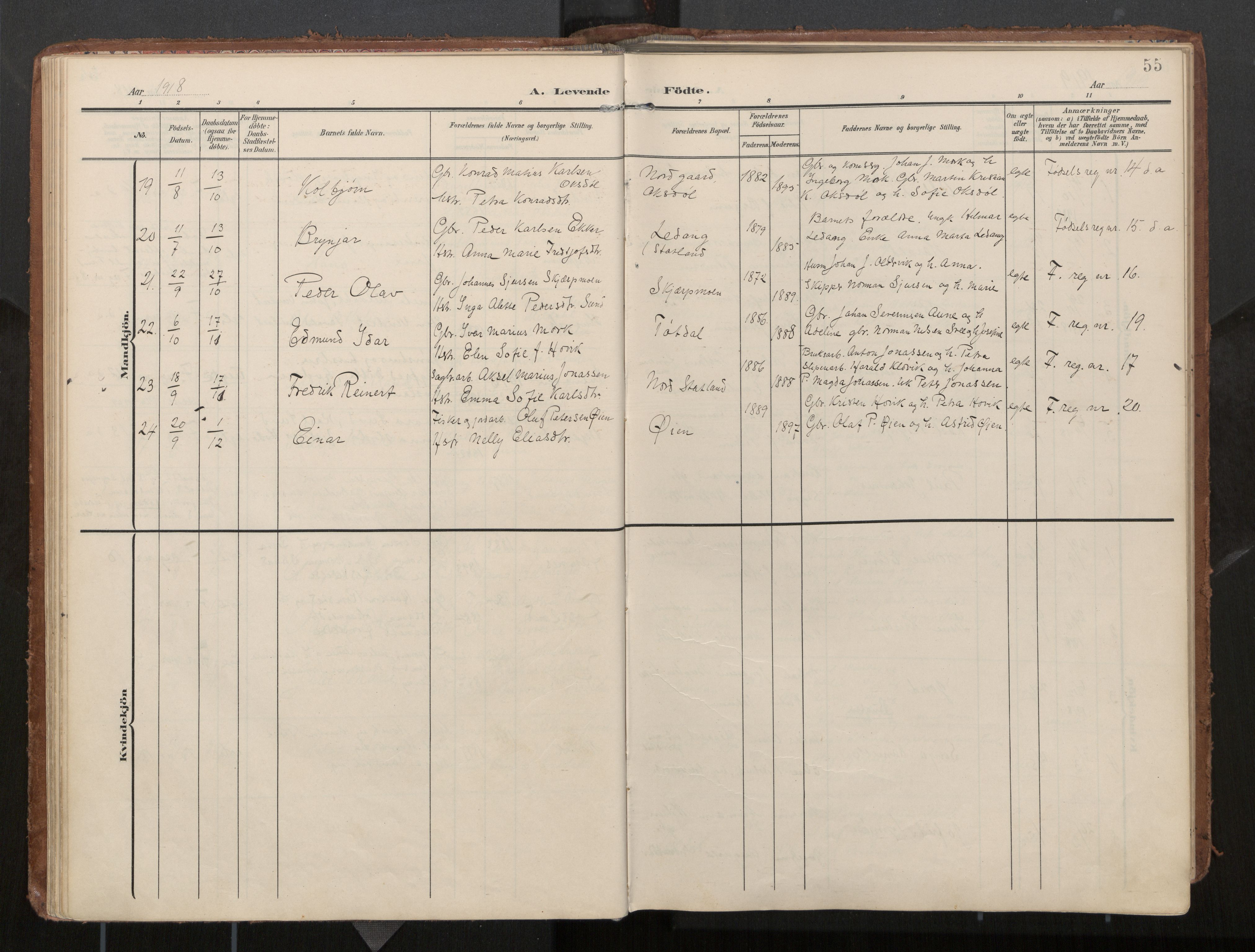 Ministerialprotokoller, klokkerbøker og fødselsregistre - Nord-Trøndelag, AV/SAT-A-1458/774/L0629: Parish register (official), 1904-1926, p. 55