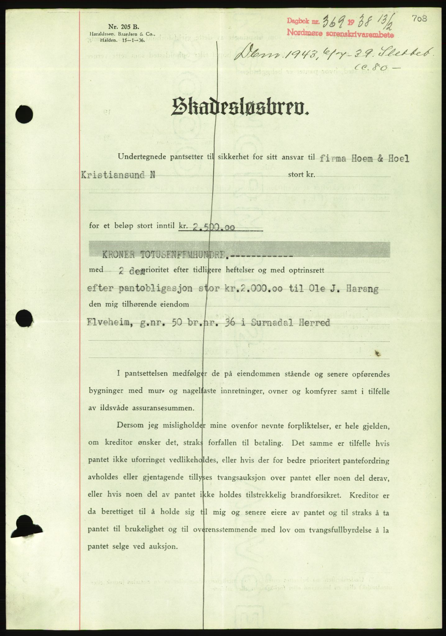 Nordmøre sorenskriveri, AV/SAT-A-4132/1/2/2Ca/L0092: Mortgage book no. B82, 1937-1938, Diary no: : 369/1938