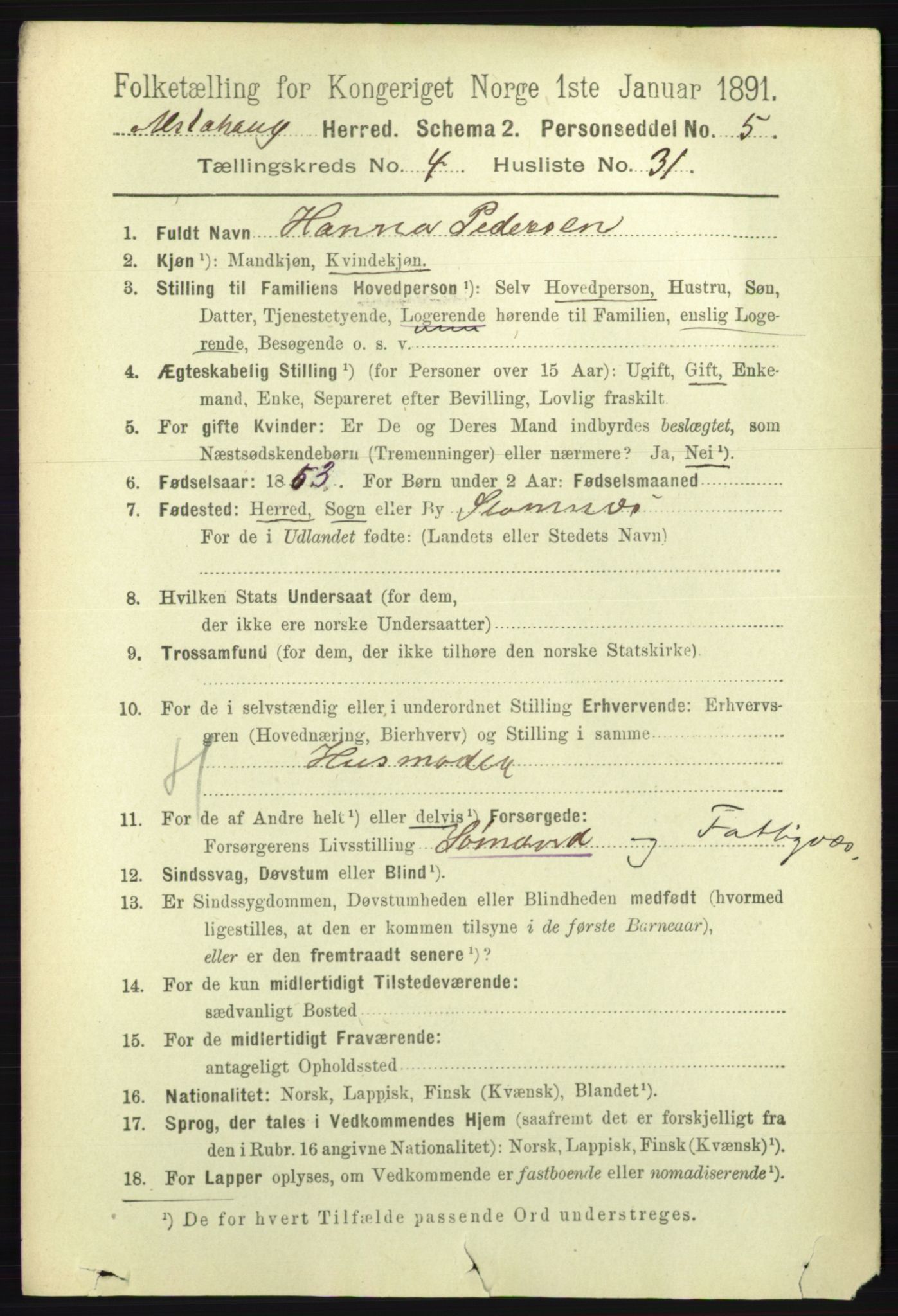 RA, 1891 census for 1820 Alstahaug, 1891, p. 1724