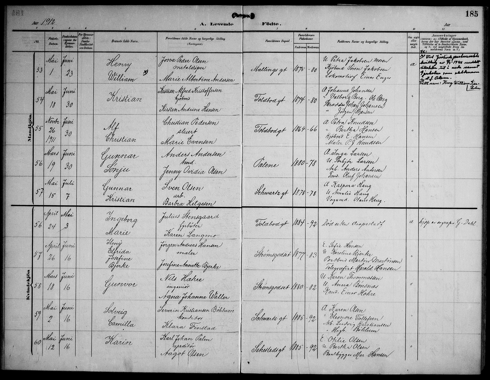 Strømsø kirkebøker, AV/SAKO-A-246/F/Fa/L0026: Parish register (official) no. I 26, 1905-1914, p. 185