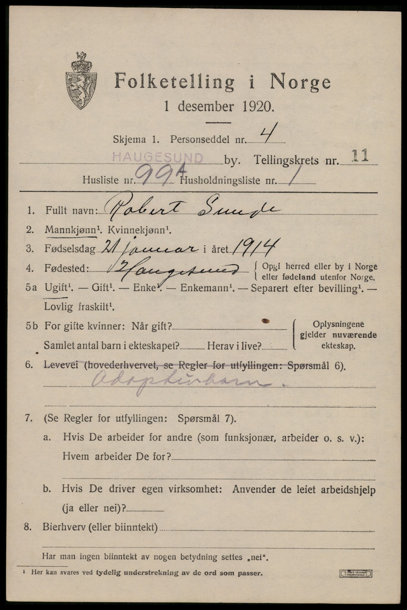 SAST, 1920 census for Haugesund, 1920, p. 37953