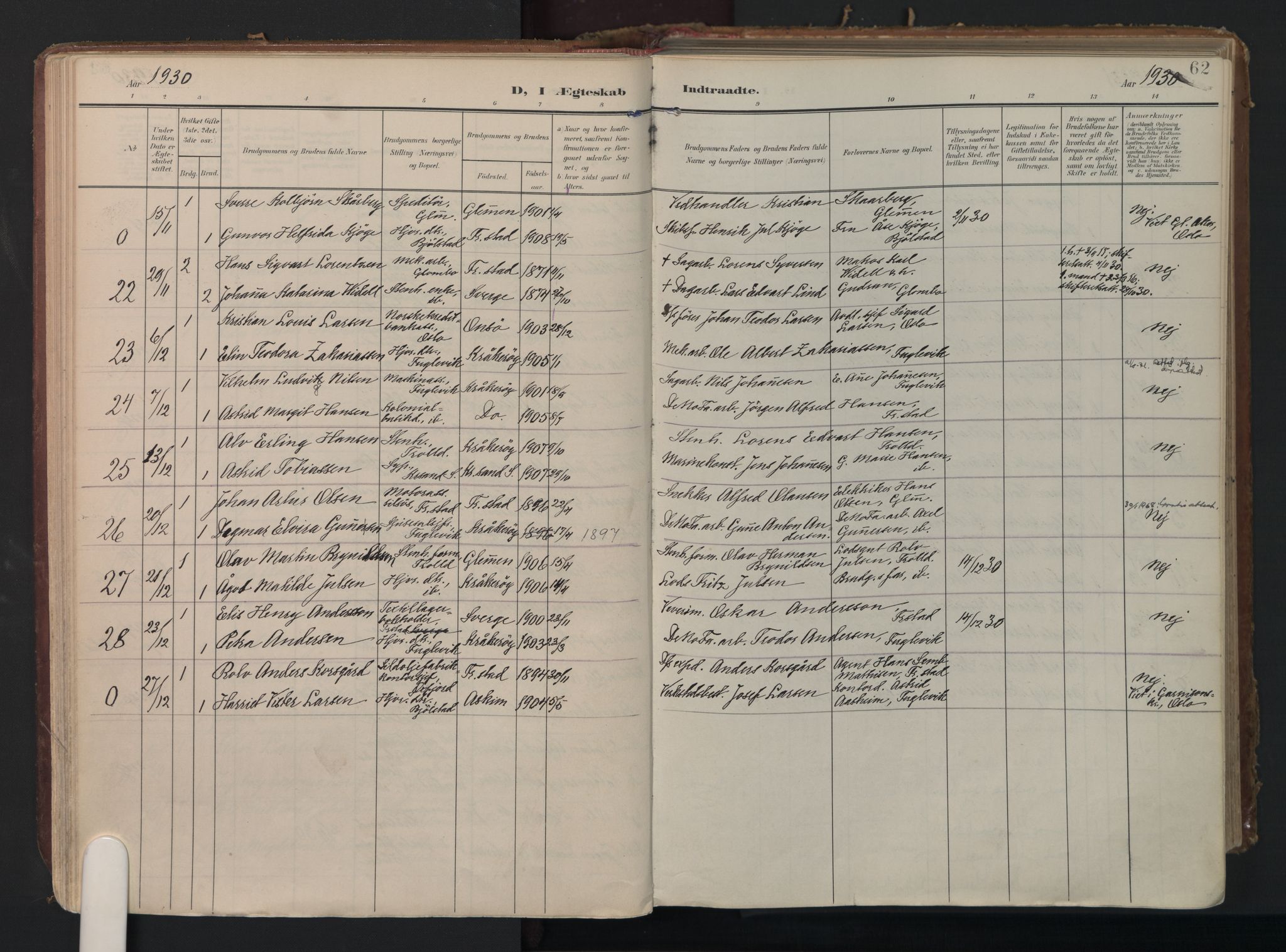 Kråkerøy prestekontor Kirkebøker, AV/SAO-A-10912/F/Fa/L0004: Parish register (official) no. 4, 1908-1965, p. 62