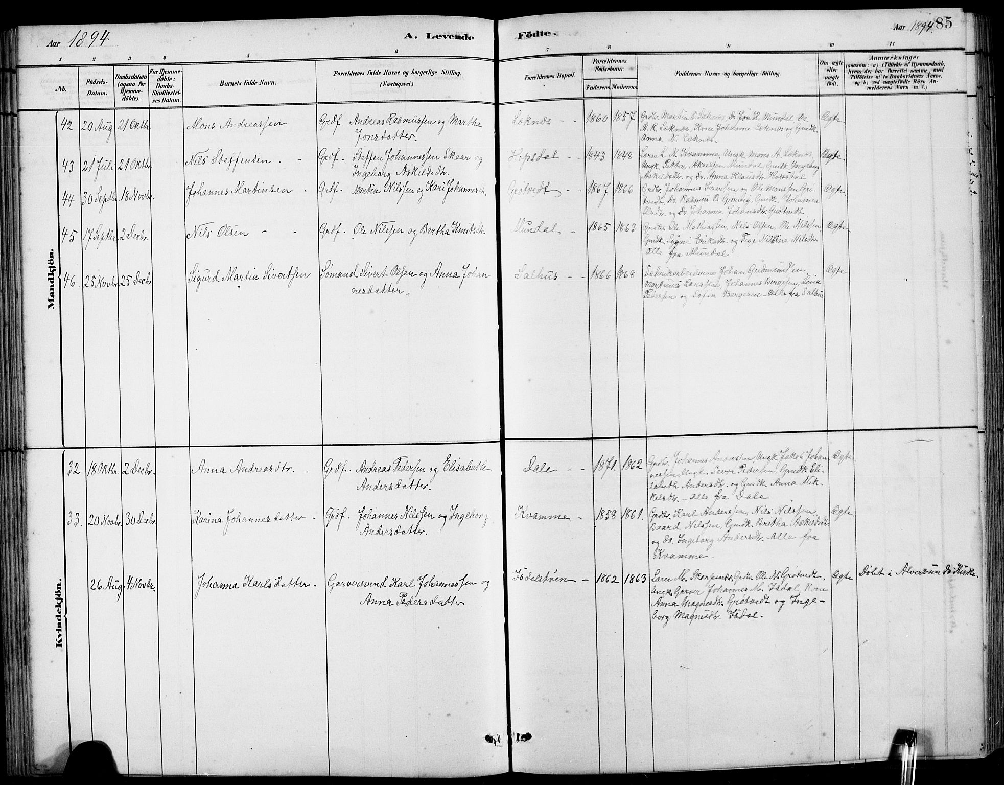 Hamre sokneprestembete, SAB/A-75501/H/Ha/Hab: Parish register (copy) no. B 3, 1881-1898, p. 85
