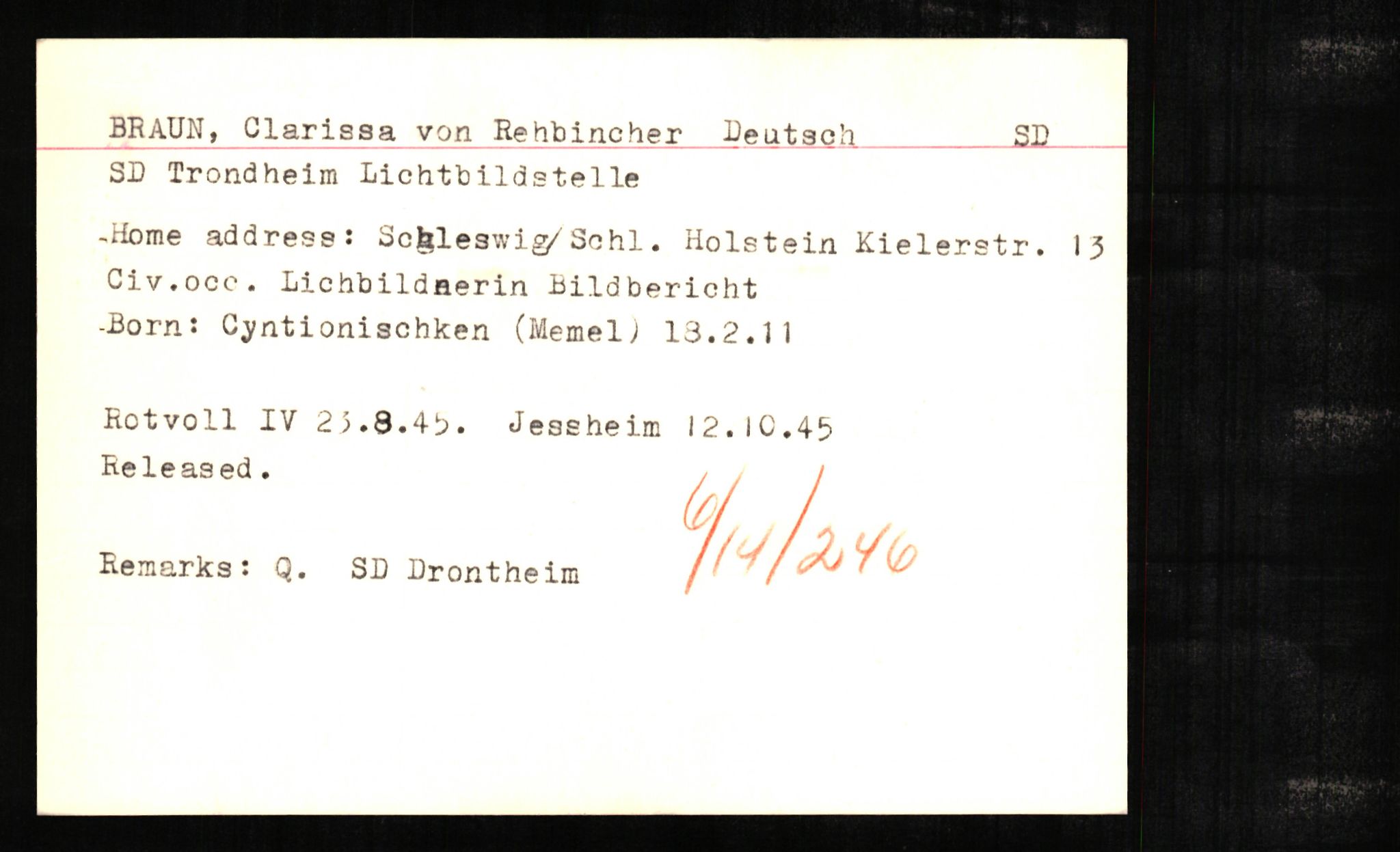 Forsvaret, Forsvarets overkommando II, AV/RA-RAFA-3915/D/Db/L0004: CI Questionaires. Tyske okkupasjonsstyrker i Norge. Tyskere., 1945-1946, p. 84