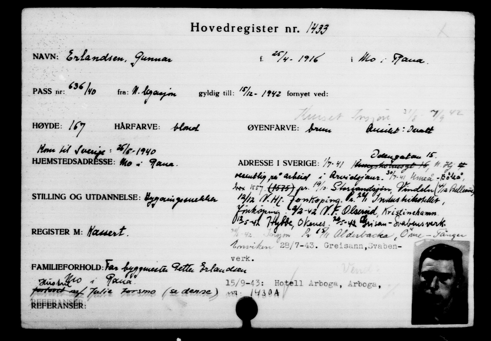 Utenriksstasjonene, Legasjonen i Stockholm, Flyktningkontoret, AV/RA-S-6753/V/Va/L0002: Kjesäterkartoteket, flyktninger med registreringsnr. 1001-2000, 1940-1945, p. 611