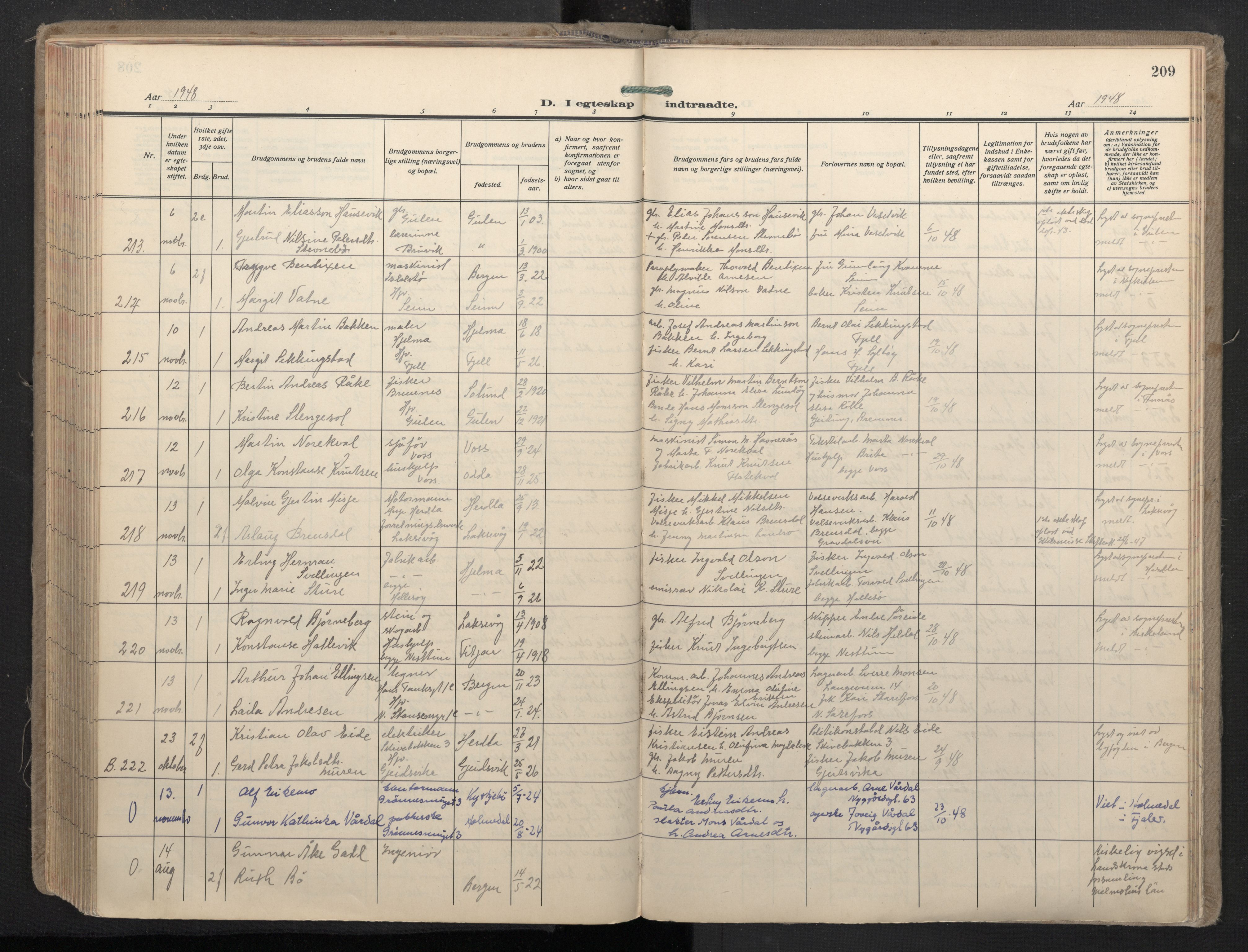 Domkirken sokneprestembete, SAB/A-74801/H/Haa: Parish register (official) no. D 7, 1937-1950, p. 208b-209a