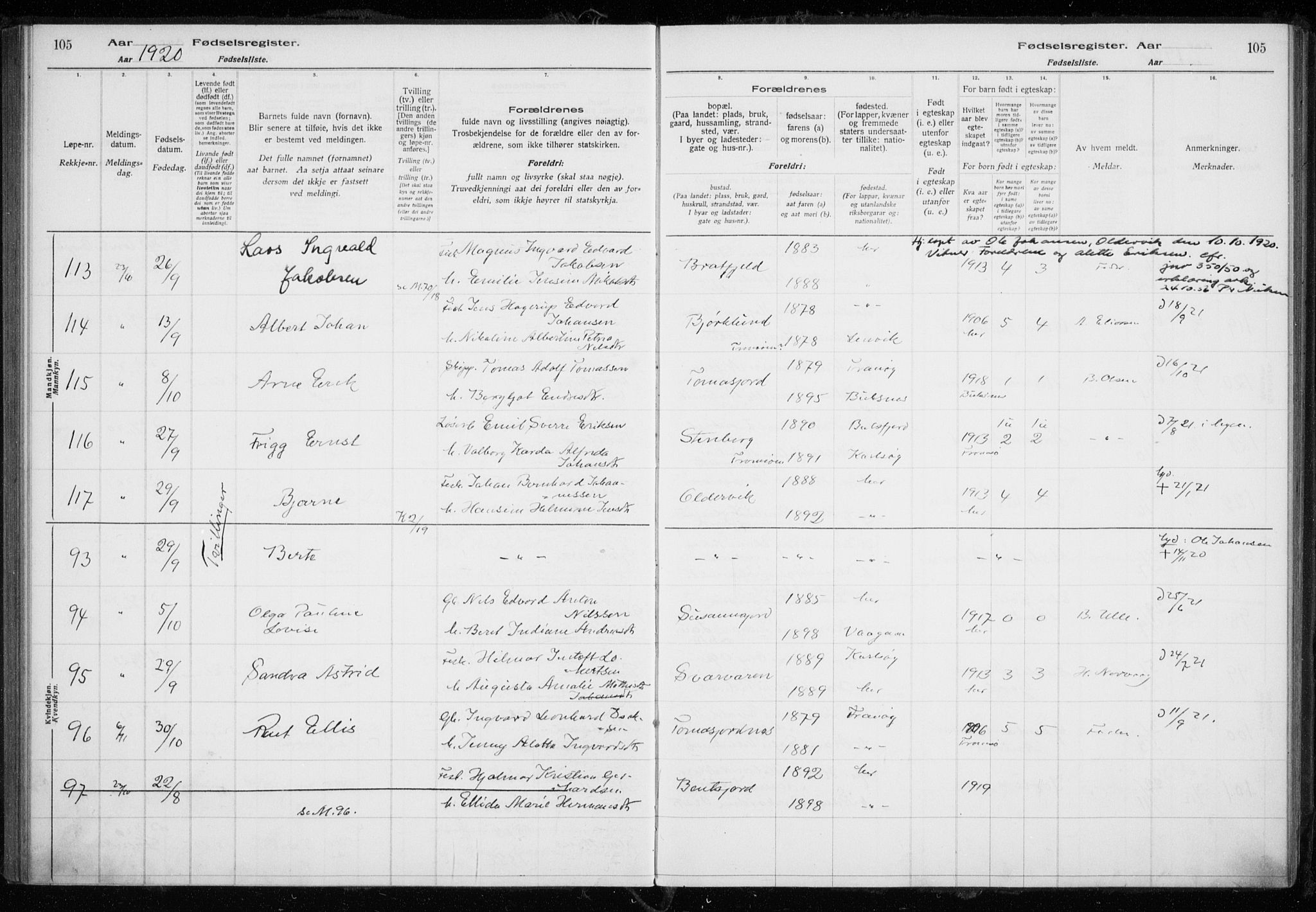 Tromsøysund sokneprestkontor, AV/SATØ-S-1304/H/Ha/L0079: Birth register no. 79, 1916-1924, p. 105