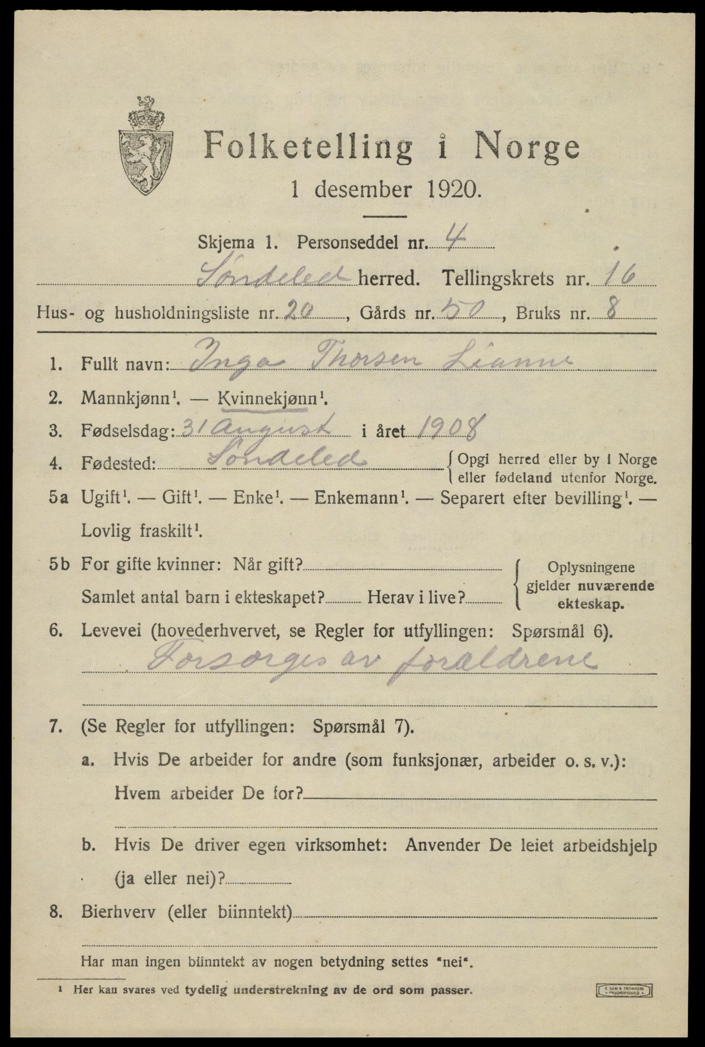 SAK, 1920 census for Søndeled, 1920, p. 7307