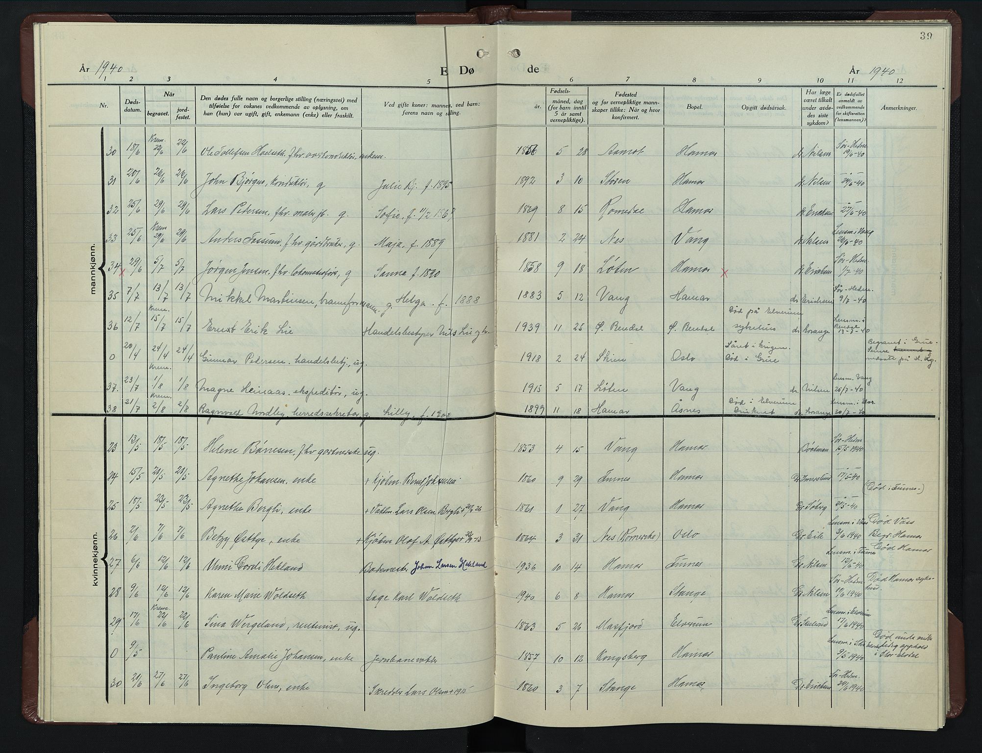 Hamar prestekontor, AV/SAH-DOMPH-002/H/Ha/Hab/L0007: Parish register (copy) no. 7, 1933-1950, p. 39