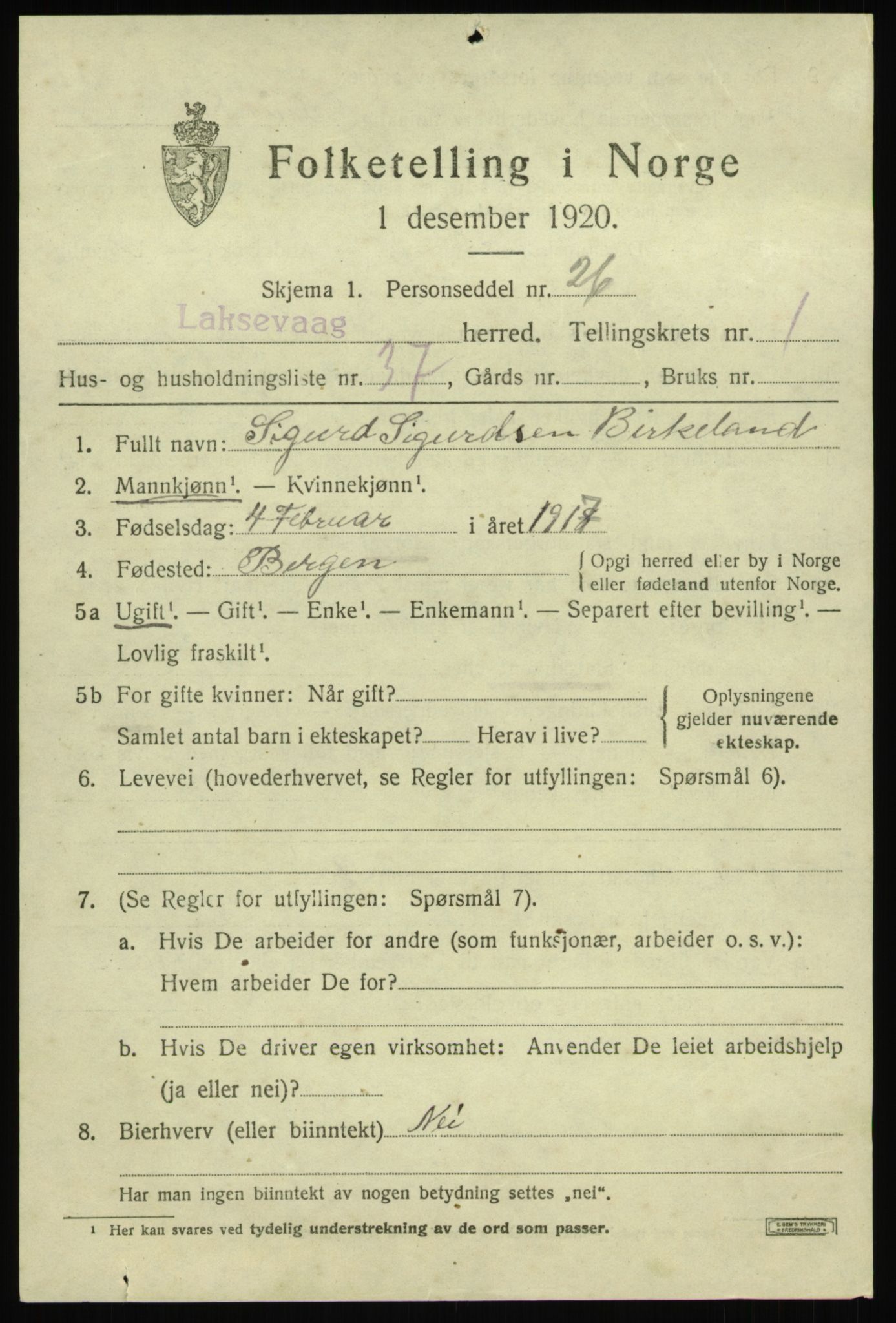 SAB, 1920 census for Laksevåg, 1920, p. 2894