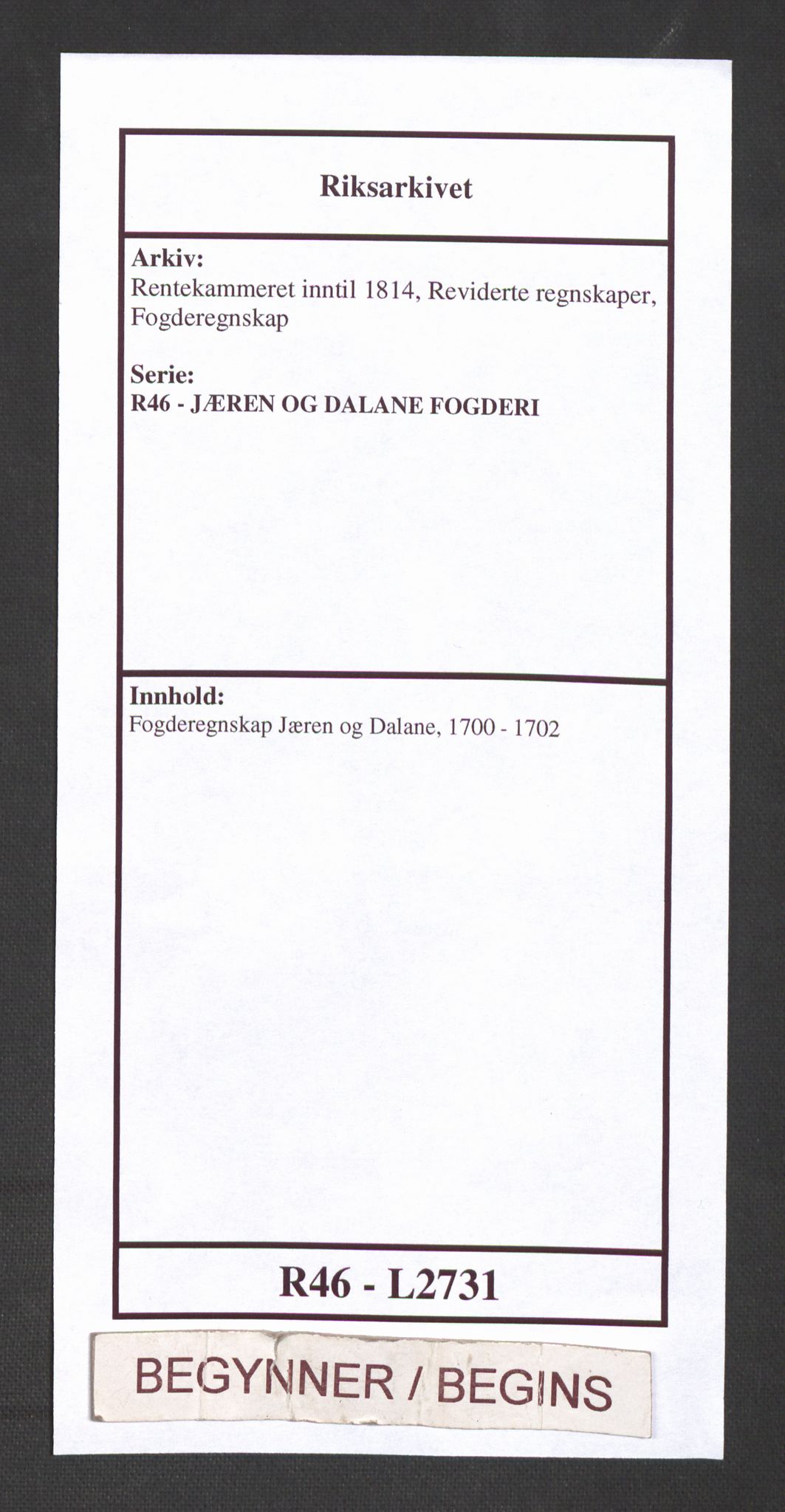 Rentekammeret inntil 1814, Reviderte regnskaper, Fogderegnskap, RA/EA-4092/R46/L2731: Fogderegnskap Jæren og Dalane, 1700-1702, p. 1