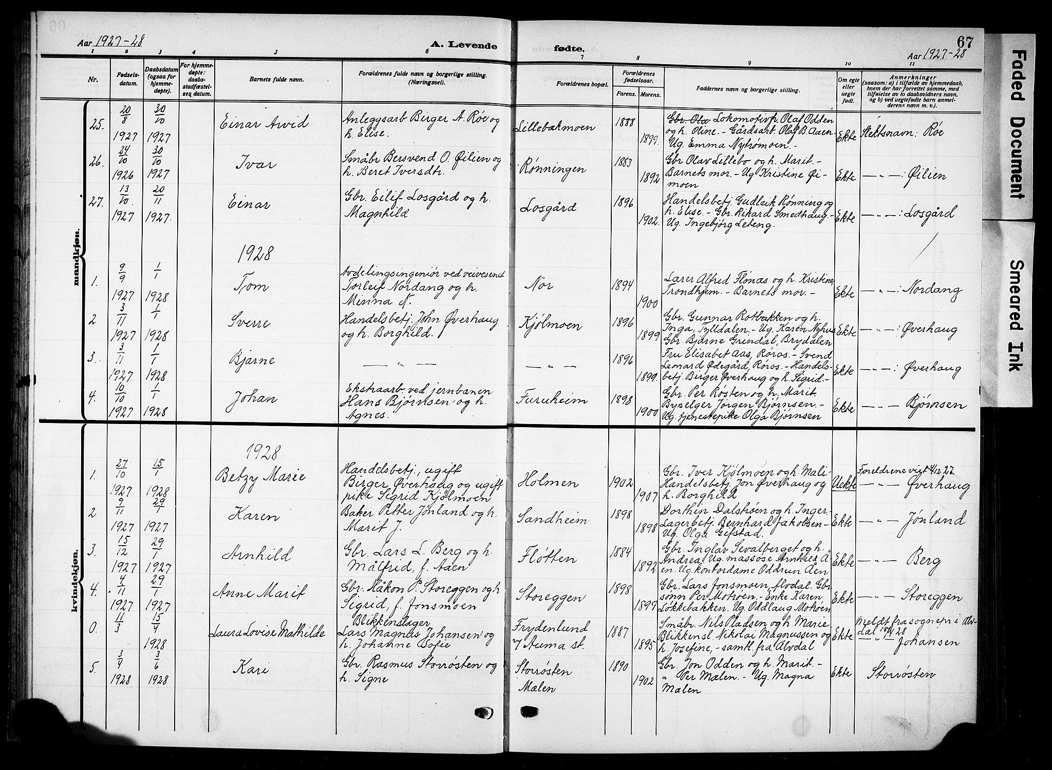 Tynset prestekontor, AV/SAH-PREST-058/H/Ha/Hab/L0011: Parish register (copy) no. 11, 1915-1930, p. 67