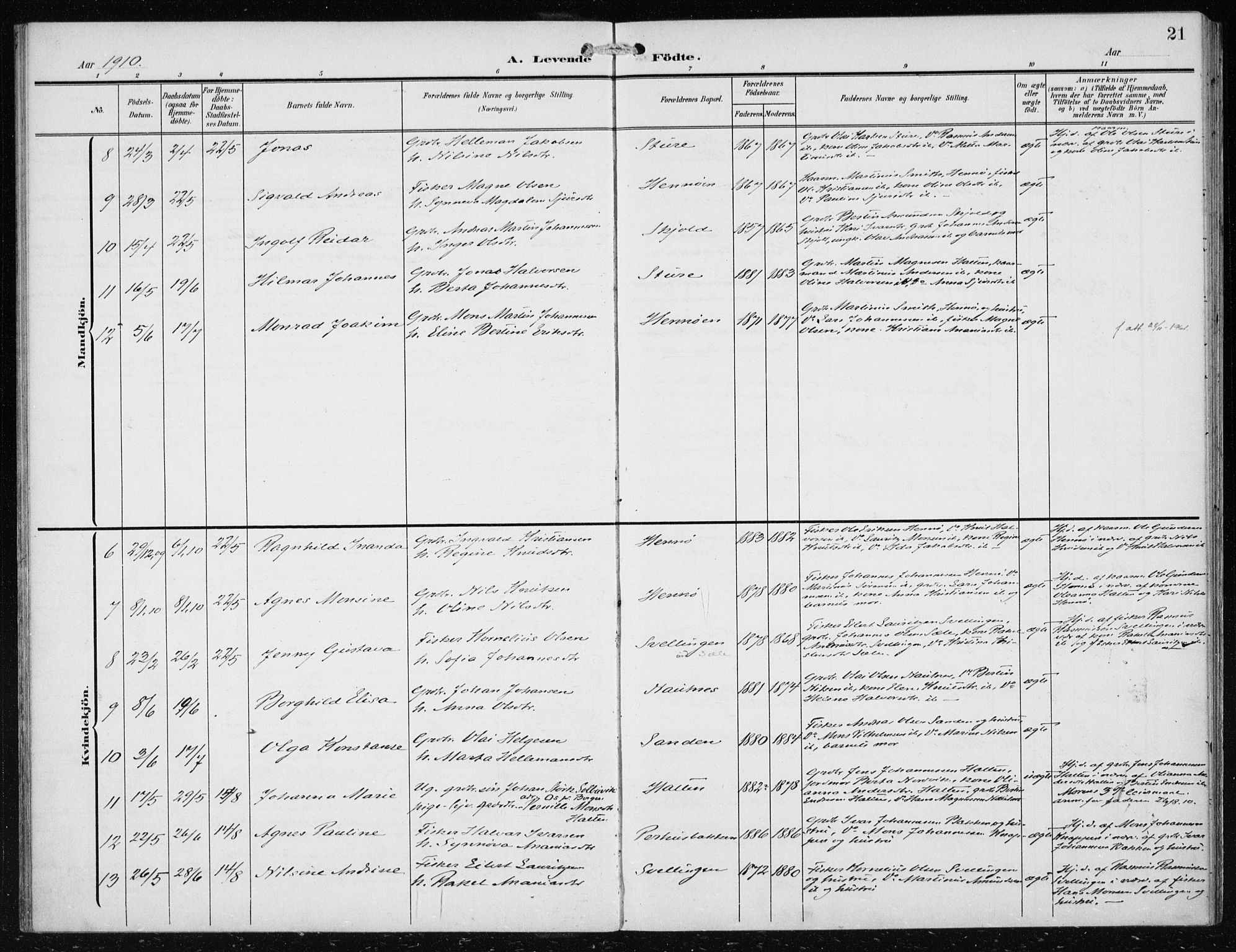 Herdla Sokneprestembete, AV/SAB-A-75701/H/Haa: Parish register (official) no. B 1, 1902-1921, p. 21