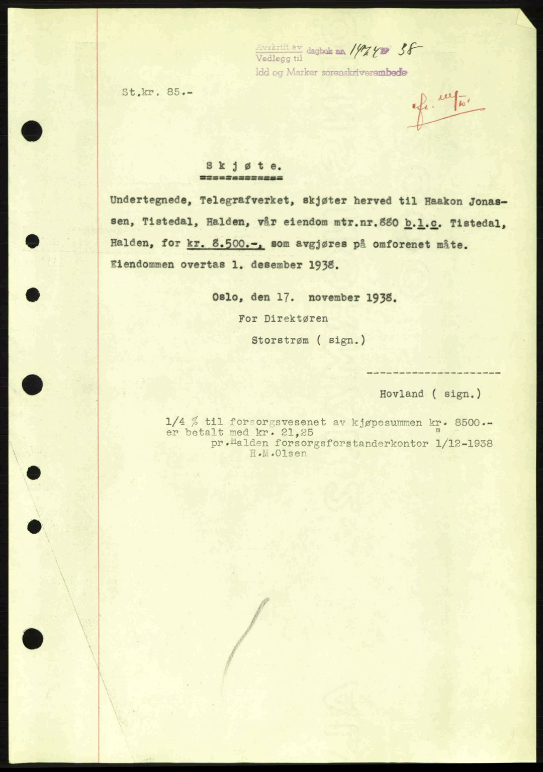 Idd og Marker sorenskriveri, AV/SAO-A-10283/G/Gb/Gbb/L0003: Mortgage book no. A3, 1938-1939, Diary no: : 1474/1938