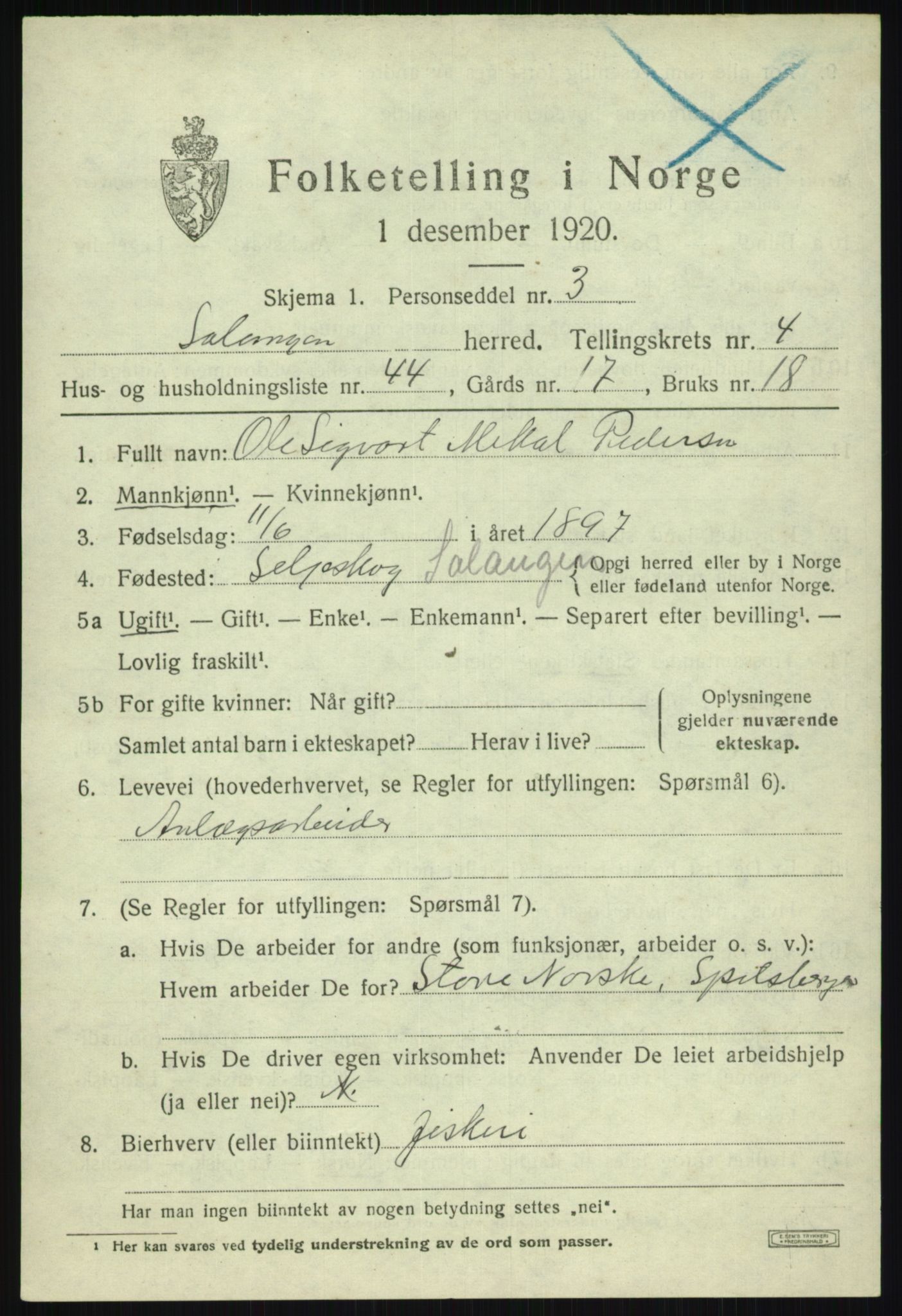 SATØ, 1920 census for Salangen, 1920, p. 2796