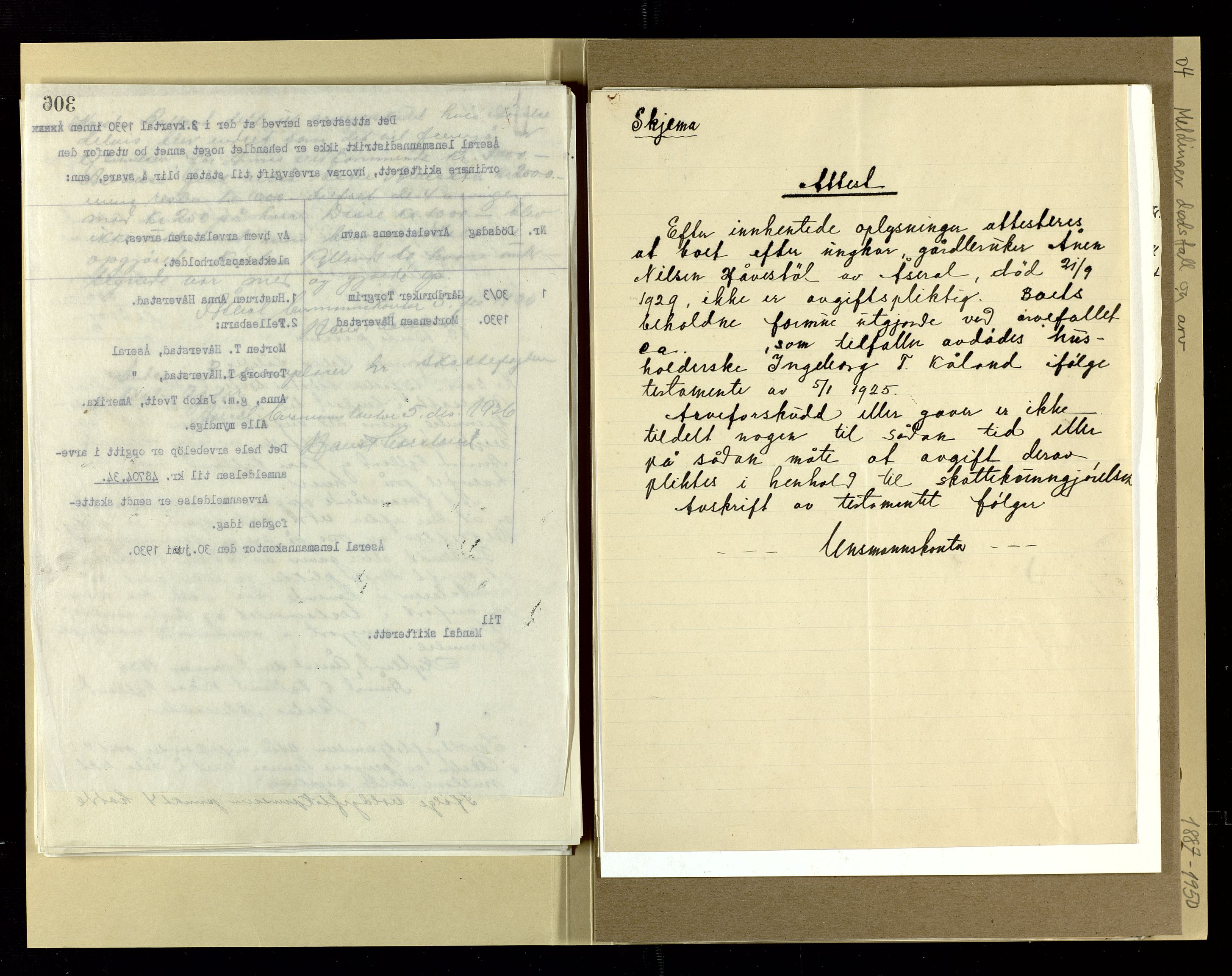 Åseral lensmannskontor, AV/SAK-1241-0055/F/Fe/L0001/0004: Dødsfallsprotokoller / Meldinger om dødsfall og arv, 1887-1950