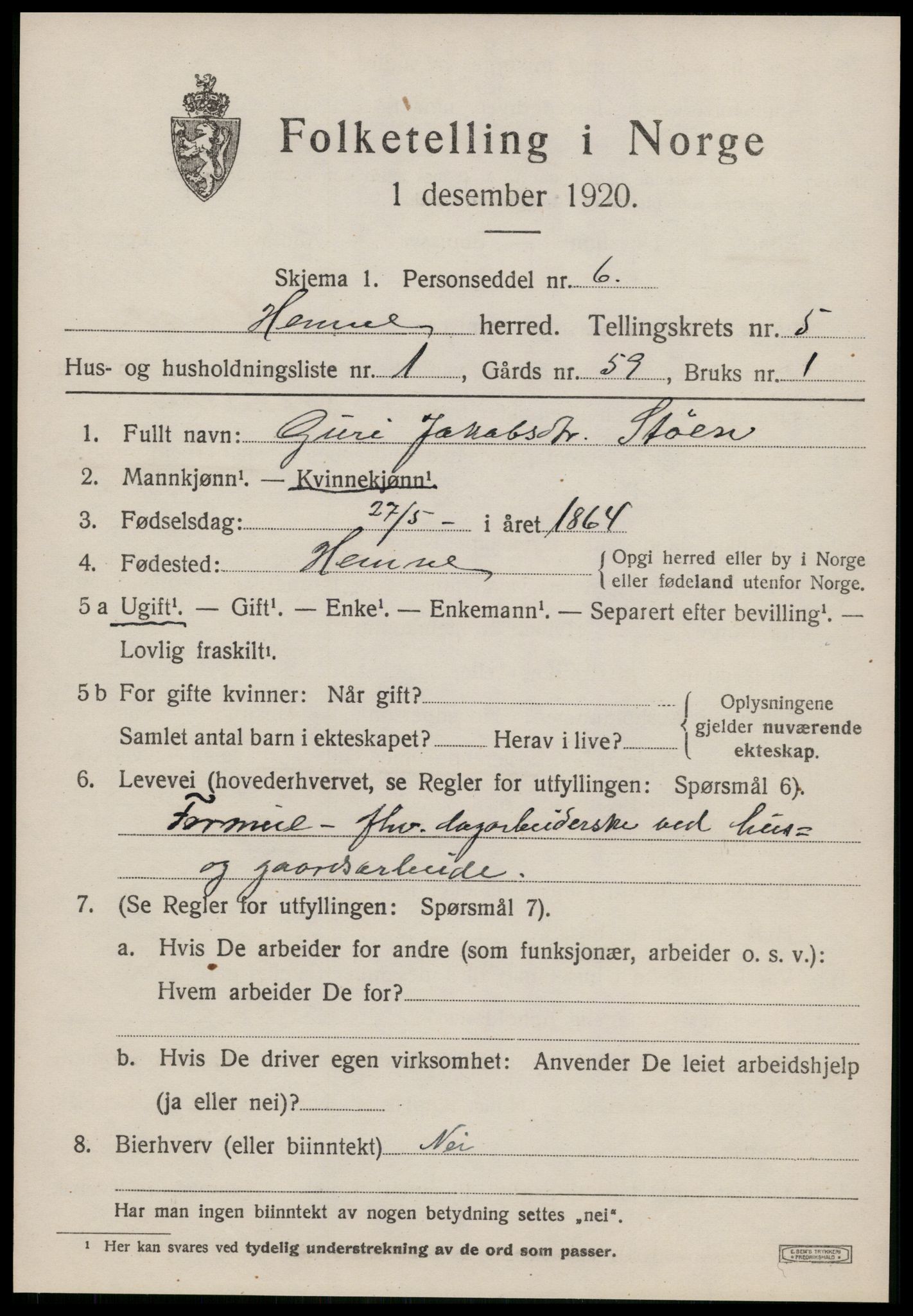 SAT, 1920 census for Hemne, 1920, p. 3108