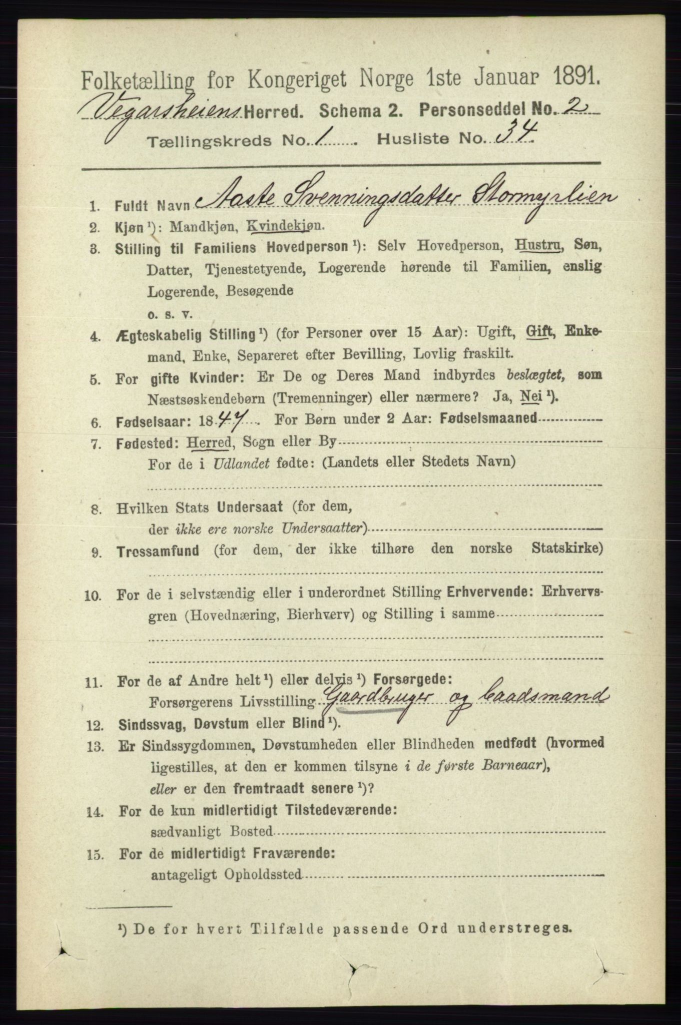 RA, 1891 census for 0912 Vegårshei, 1891, p. 312