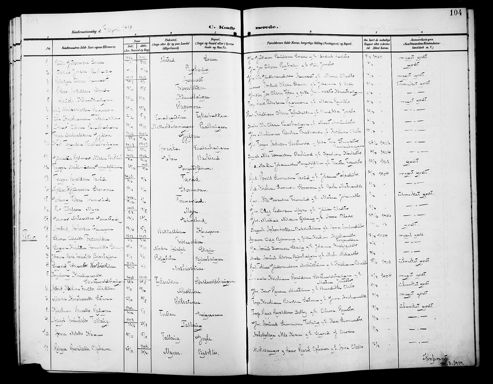 Østre Gausdal prestekontor, SAH/PREST-092/H/Ha/Hab/L0004: Parish register (copy) no. 4, 1905-1923, p. 104