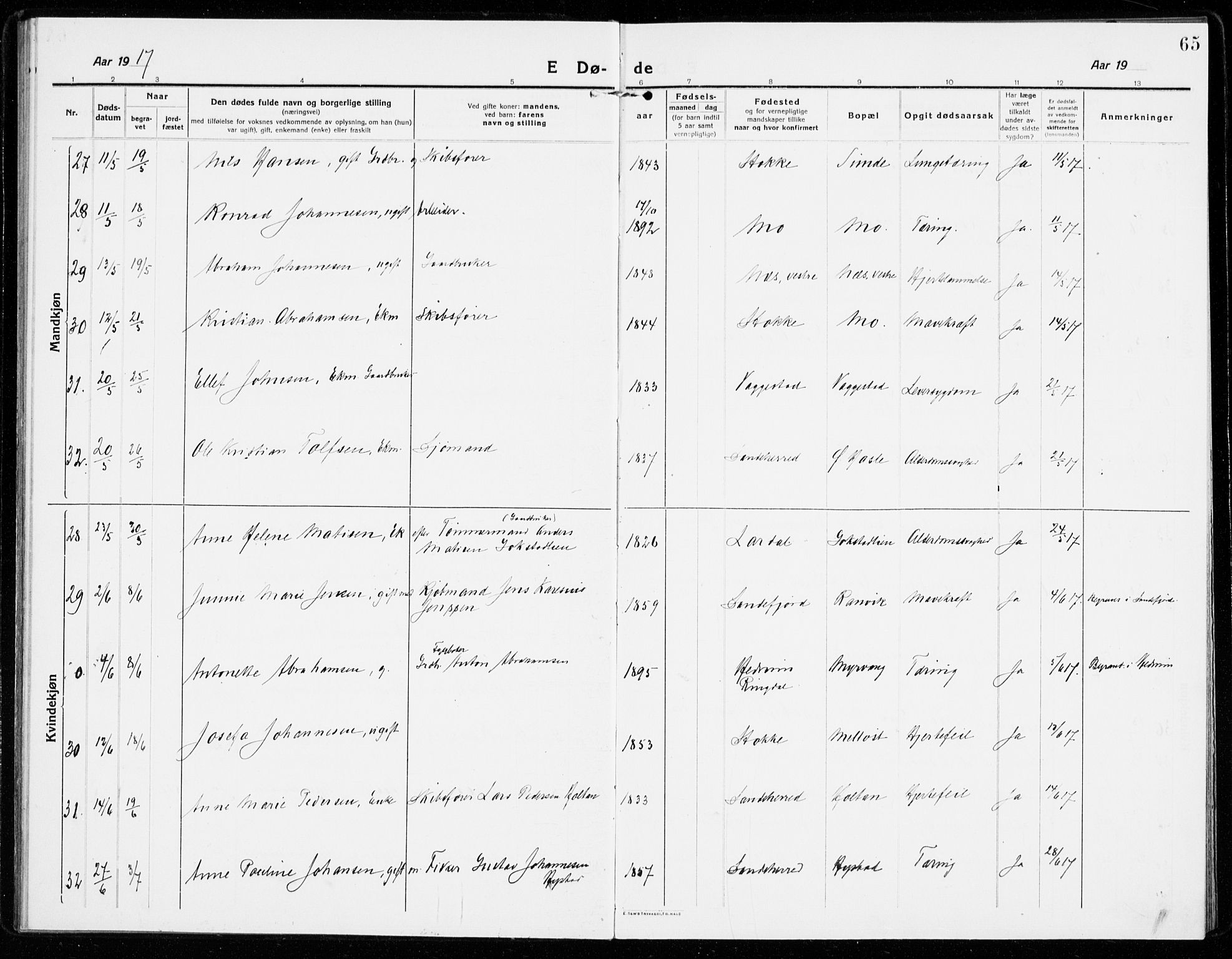 Sandar kirkebøker, SAKO/A-243/F/Fa/L0020: Parish register (official) no. 20, 1915-1919, p. 65