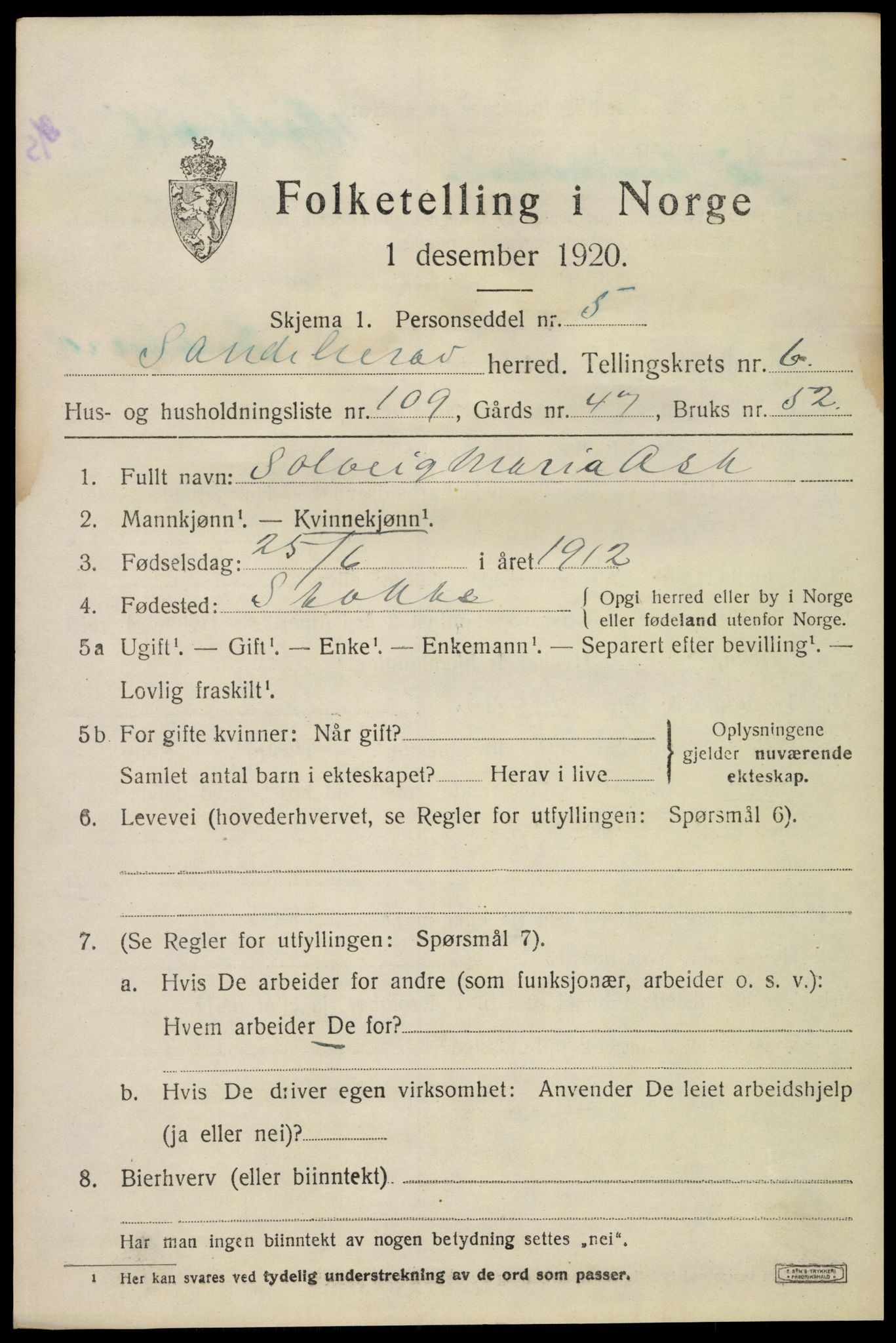 SAKO, 1920 census for Sandeherred, 1920, p. 11068
