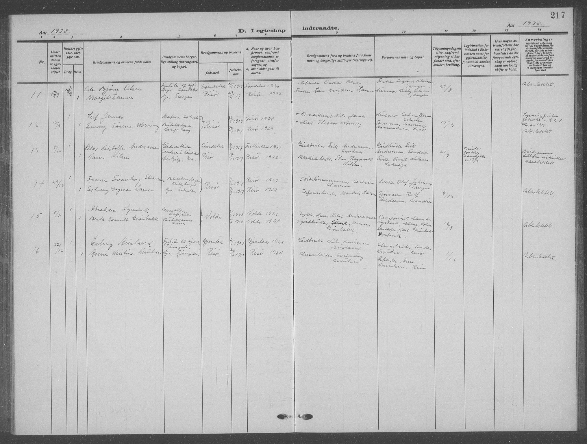 Risør sokneprestkontor, SAK/1111-0035/F/Fb/L0009: Parish register (copy) no. B 9, 1922-1939, p. 217