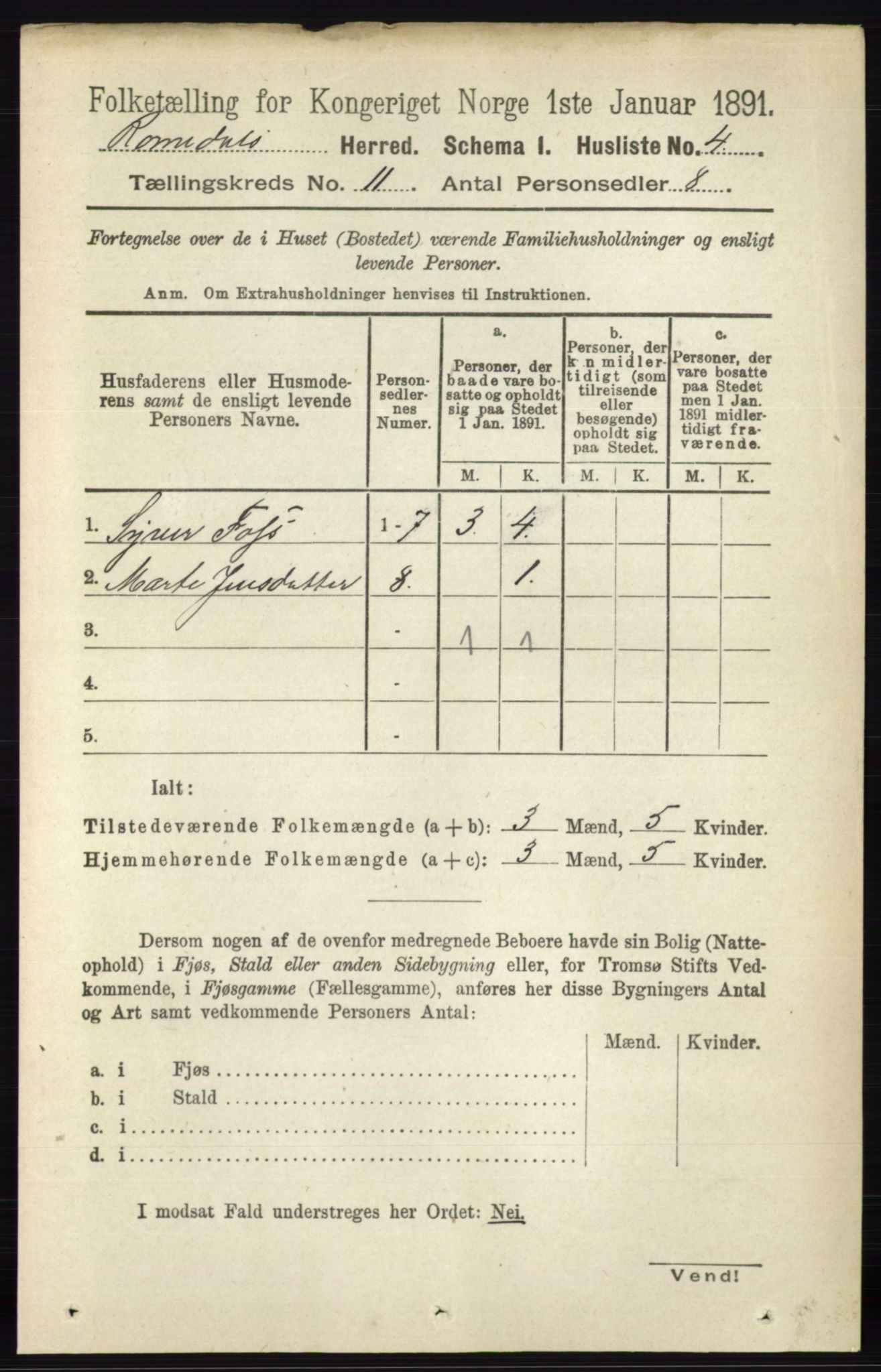 RA, 1891 census for 0416 Romedal, 1891, p. 5345