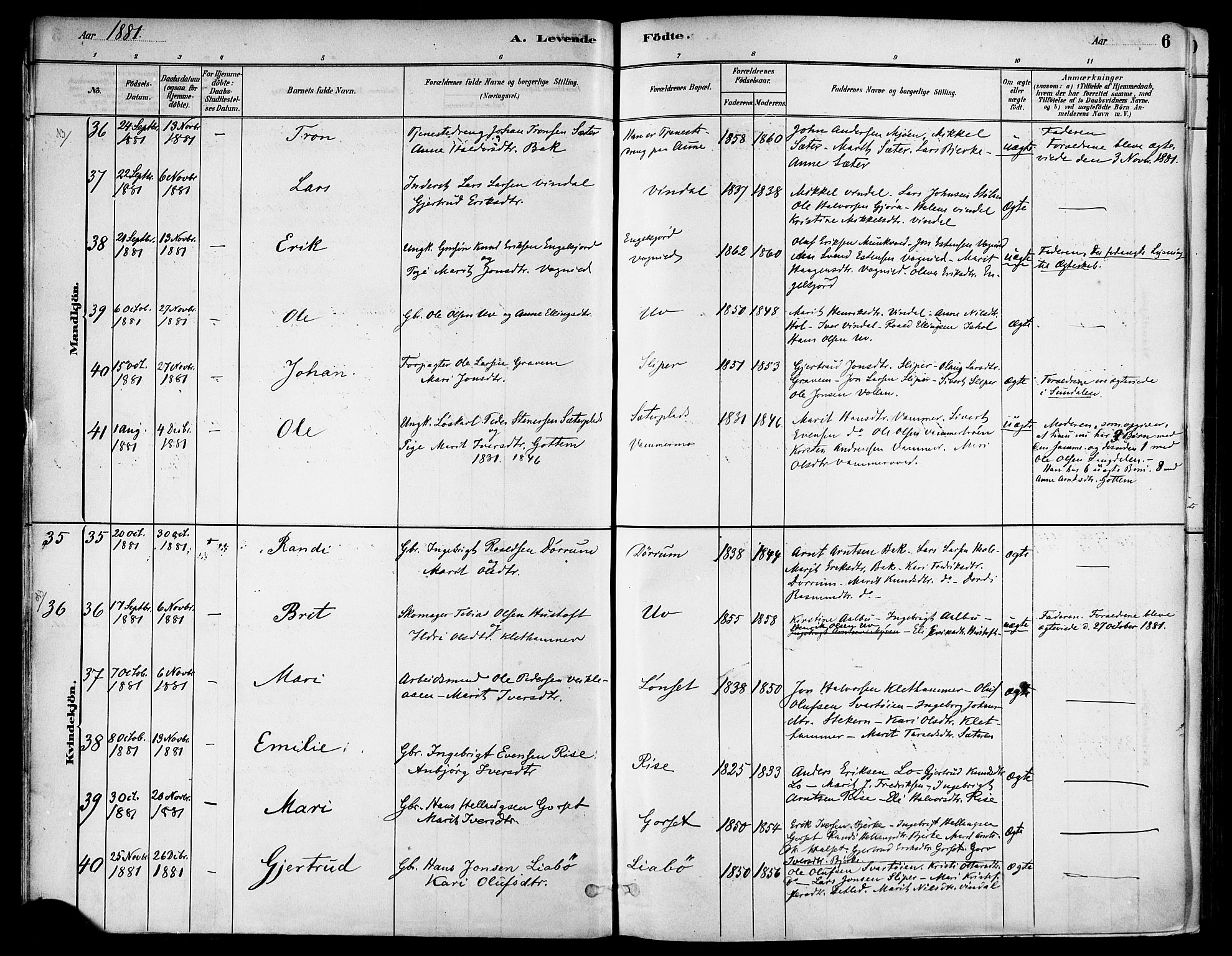 Ministerialprotokoller, klokkerbøker og fødselsregistre - Sør-Trøndelag, AV/SAT-A-1456/678/L0901: Parish register (official) no. 678A10, 1881-1894, p. 6