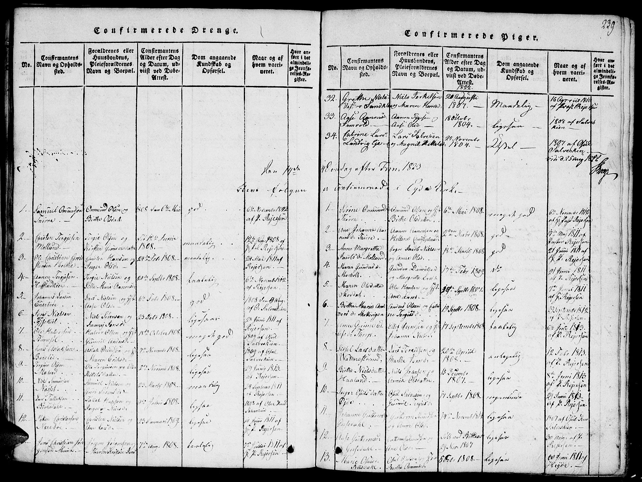 Hommedal sokneprestkontor, SAK/1111-0023/F/Fa/Fab/L0003: Parish register (official) no. A 3, 1815-1848, p. 239