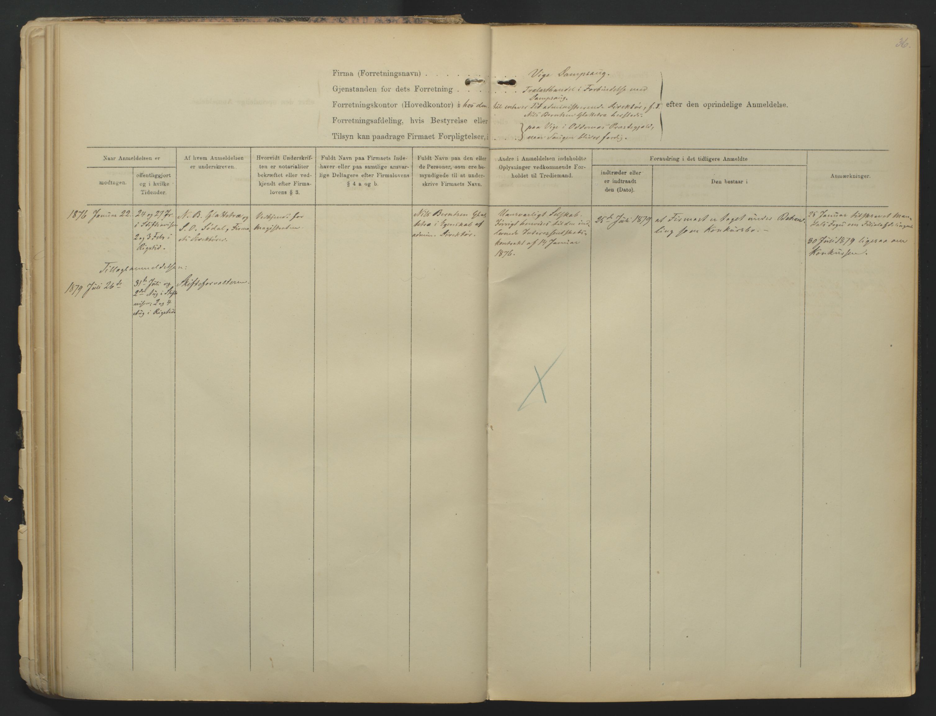 Kristiansand byrett, SAK/1223-0001/K/Kb/L0001: Firmaregister A, med register, 1874-1890, p. 36