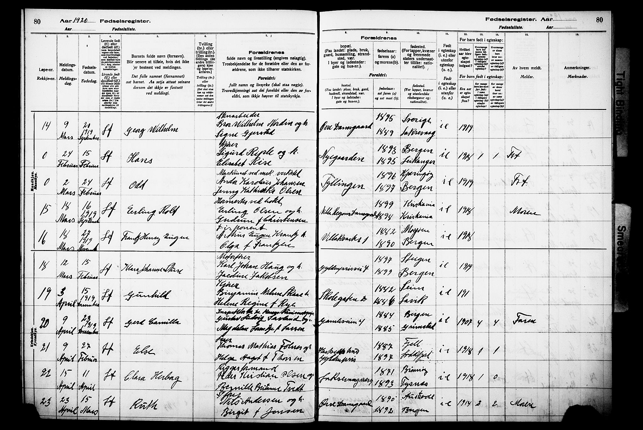 Laksevåg Sokneprestembete, AV/SAB-A-76501/I/Id/L00A1: Birth register no. A 1, 1916-1926, p. 80