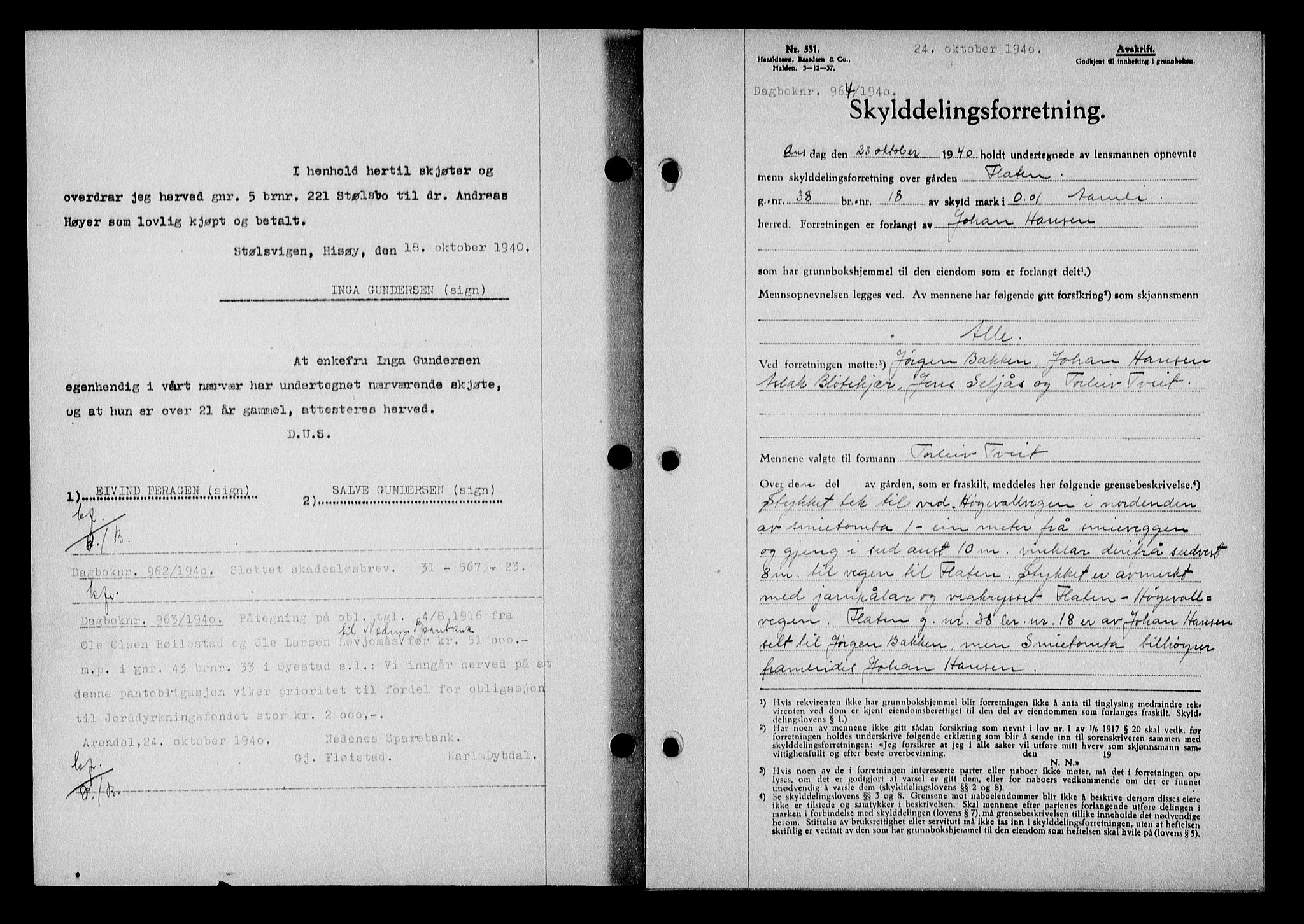 Nedenes sorenskriveri, AV/SAK-1221-0006/G/Gb/Gba/L0048: Mortgage book no. A-II, 1940-1941, Diary no: : 964/1940