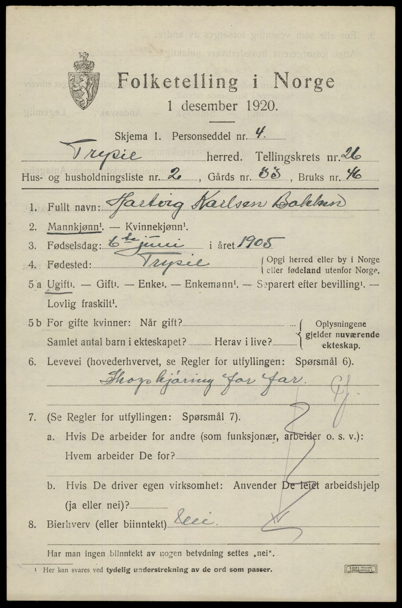 SAH, 1920 census for Trysil, 1920, p. 16123