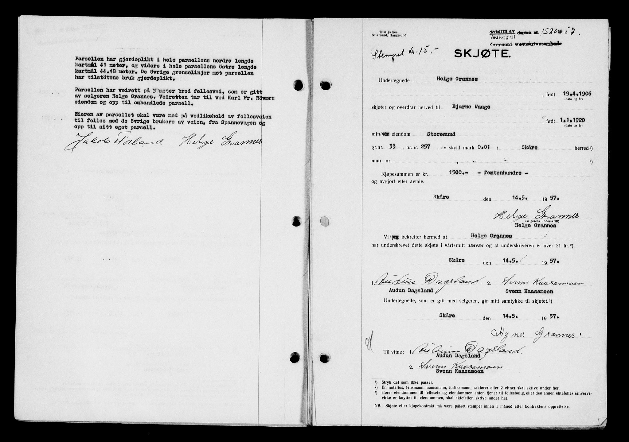 Karmsund sorenskriveri, AV/SAST-A-100311/01/II/IIB/L0125: Mortgage book no. 105A, 1957-1957, Diary no: : 1520/1957