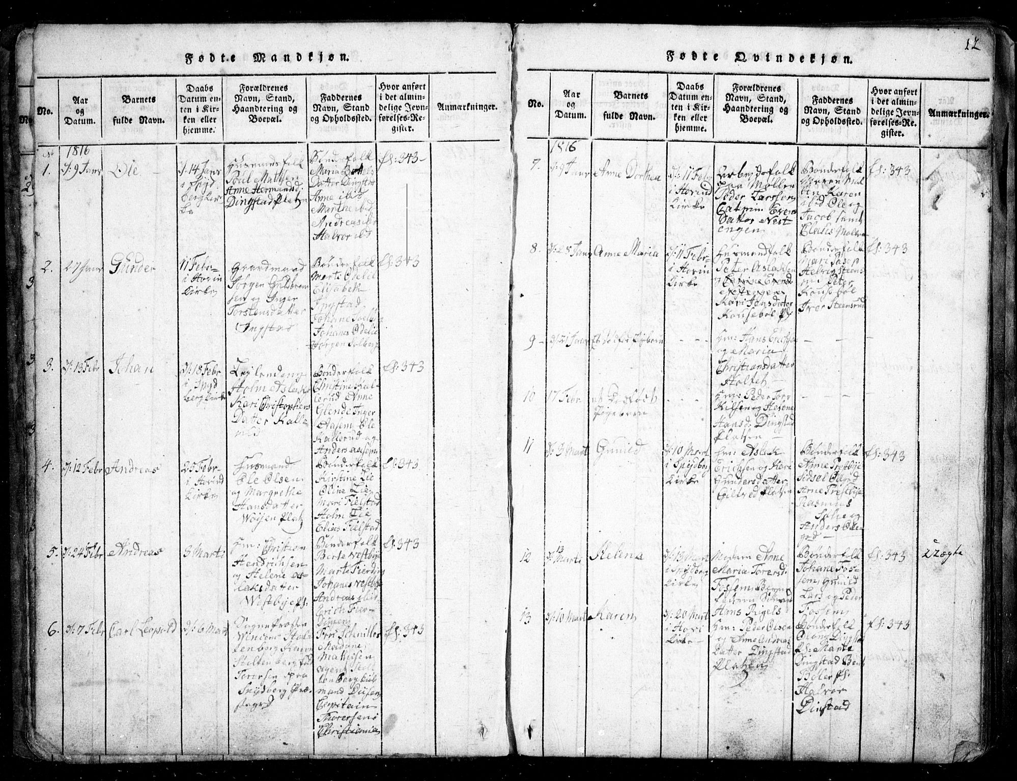 Spydeberg prestekontor Kirkebøker, SAO/A-10924/G/Ga/L0001: Parish register (copy) no. I 1, 1814-1868, p. 12