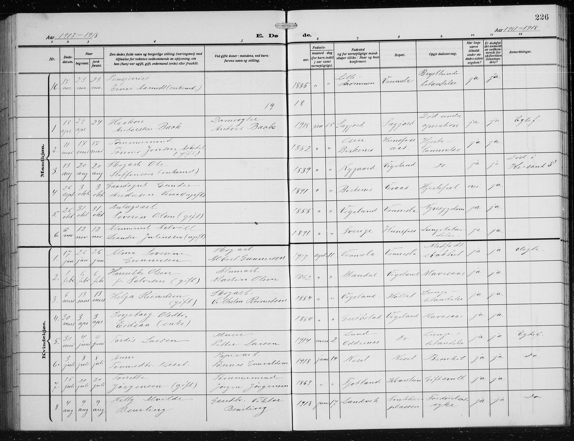 Vennesla sokneprestkontor, AV/SAK-1111-0045/Fb/Fbb/L0006: Parish register (copy) no. B 6, 1914-1921, p. 226