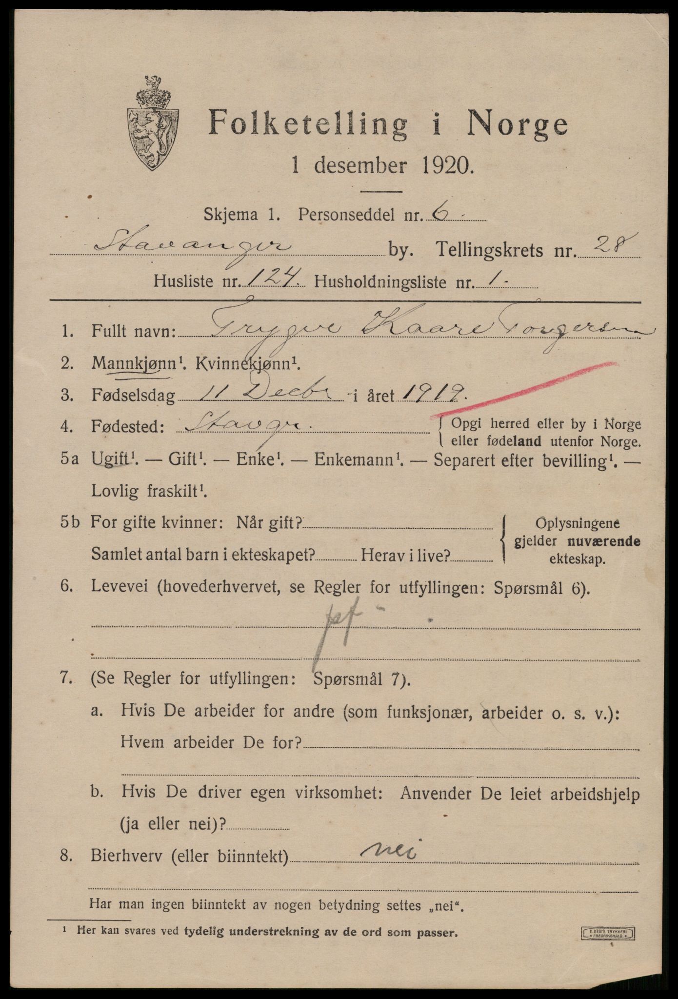 SAST, 1920 census for Stavanger, 1920, p. 82904