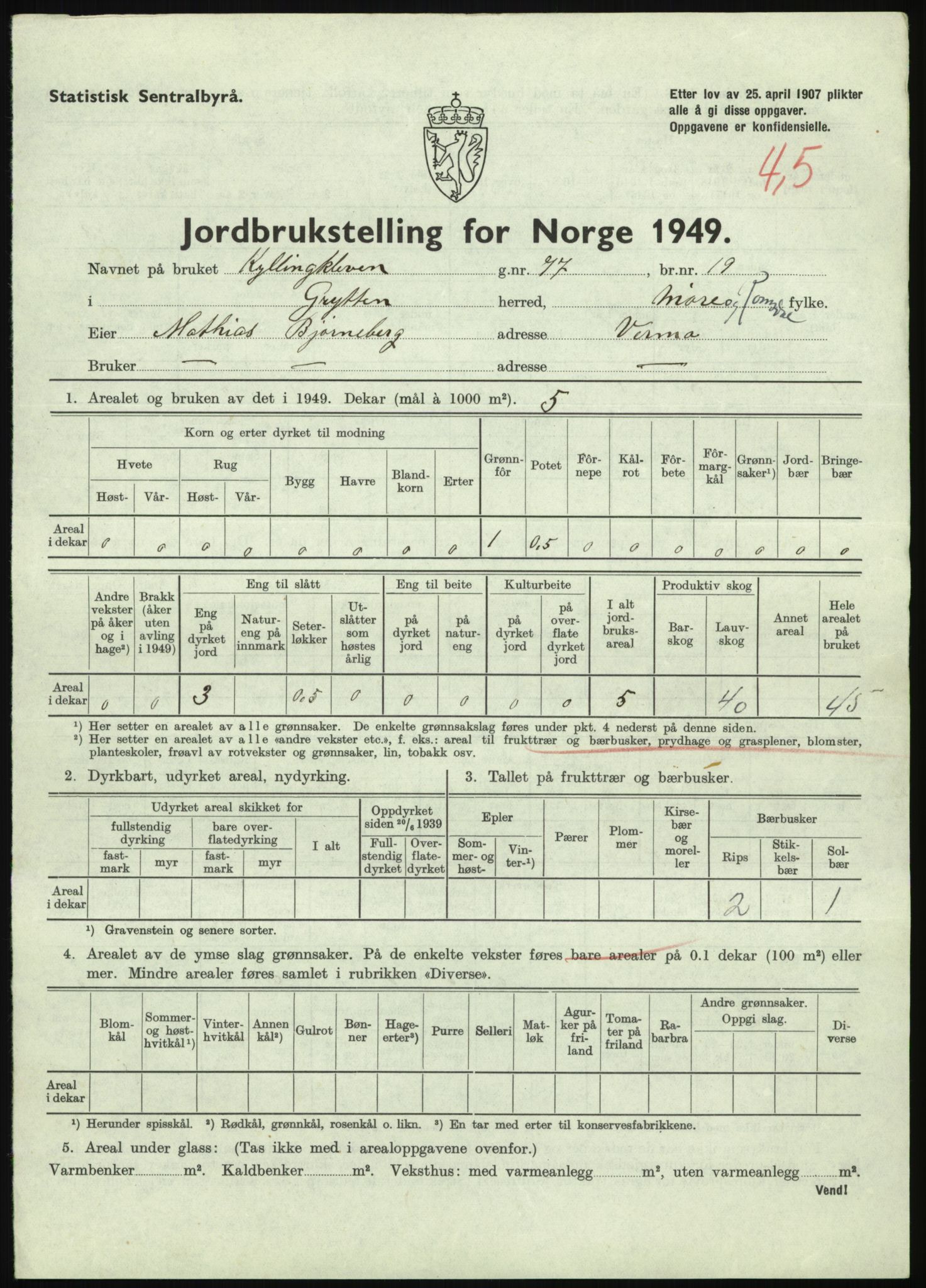 Statistisk sentralbyrå, Næringsøkonomiske emner, Jordbruk, skogbruk, jakt, fiske og fangst, AV/RA-S-2234/G/Gc/L0323: Møre og Romsdal: Grytten og Hen, 1949, p. 33