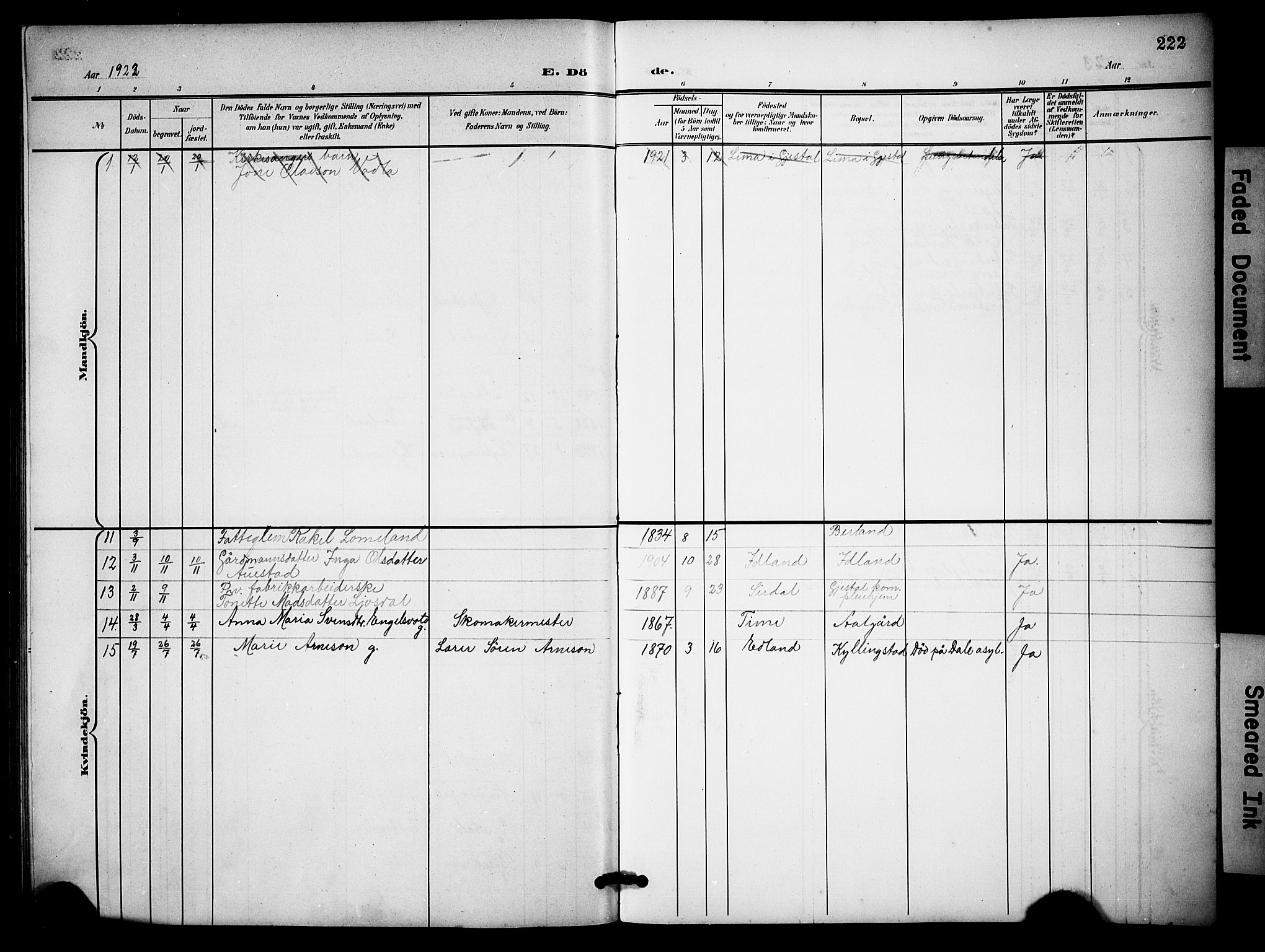 Lye sokneprestkontor, AV/SAST-A-101794/001/30BB/L0009: Parish register (copy) no. B 9, 1902-1923, p. 222