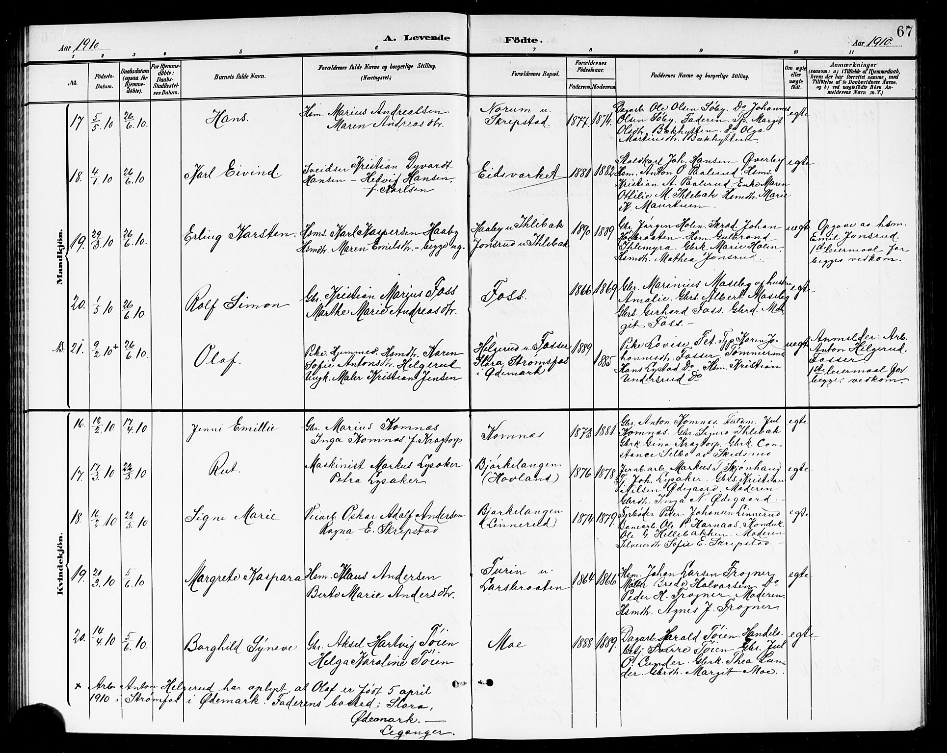 Høland prestekontor Kirkebøker, AV/SAO-A-10346a/G/Ga/L0007: Parish register (copy) no. I 7, 1902-1914, p. 67