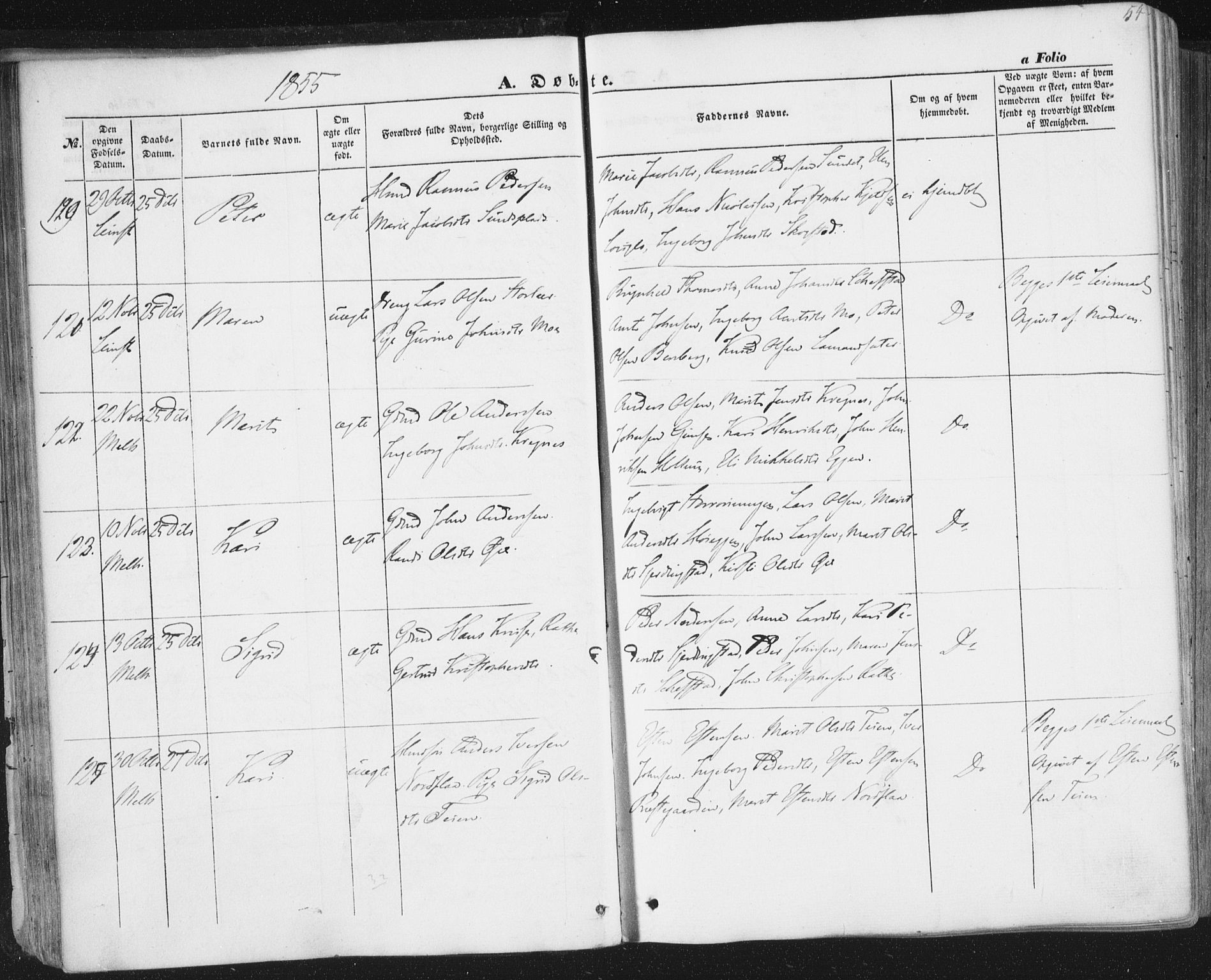Ministerialprotokoller, klokkerbøker og fødselsregistre - Sør-Trøndelag, SAT/A-1456/691/L1076: Parish register (official) no. 691A08, 1852-1861, p. 54