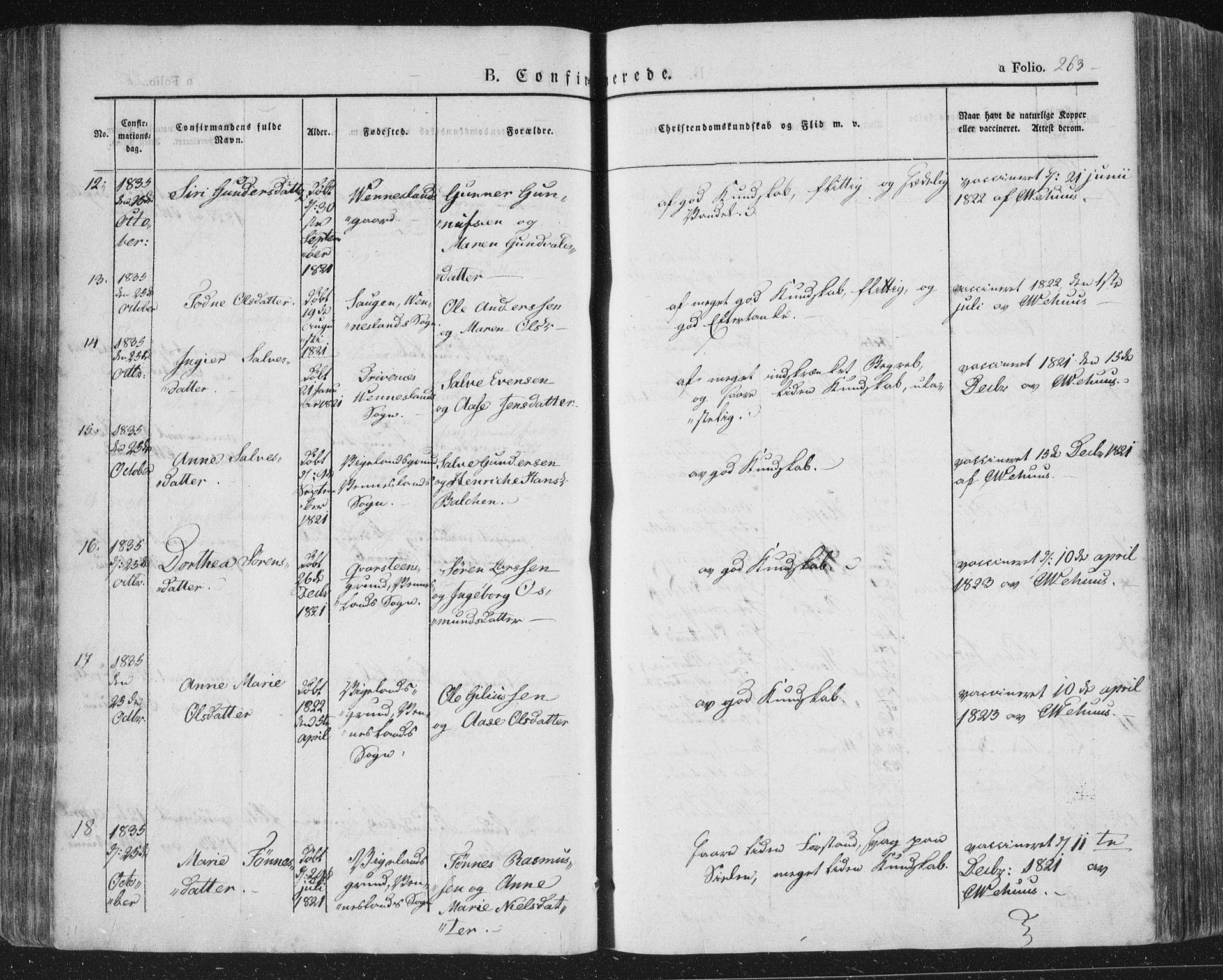 Vennesla sokneprestkontor, AV/SAK-1111-0045/Fa/Fac/L0004: Parish register (official) no. A 4, 1834-1855, p. 263