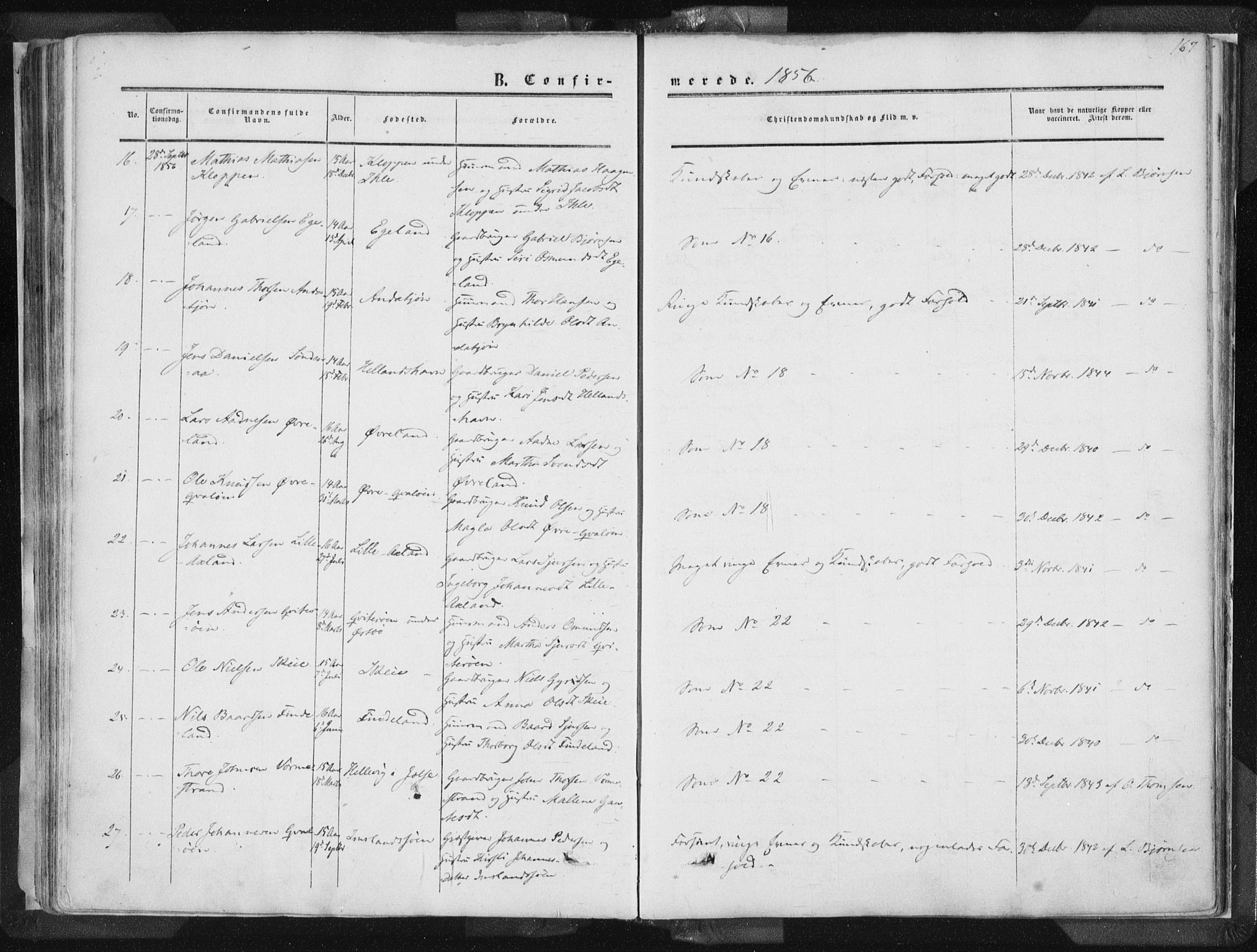 Vikedal sokneprestkontor, AV/SAST-A-101840/01/IV: Parish register (official) no. A 6.1, 1851-1867, p. 167