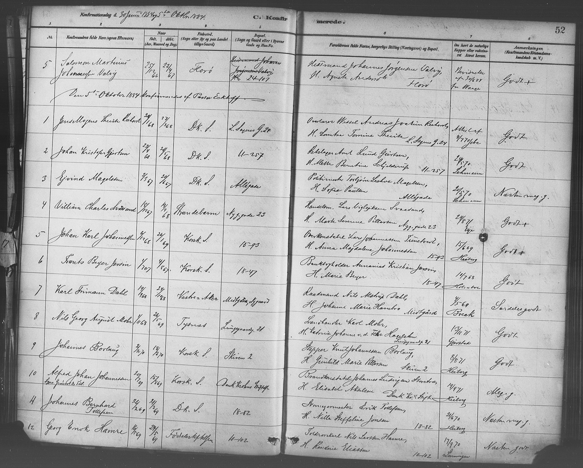 Domkirken sokneprestembete, SAB/A-74801/H/Haa/L0030: Parish register (official) no. C 5, 1880-1898, p. 52